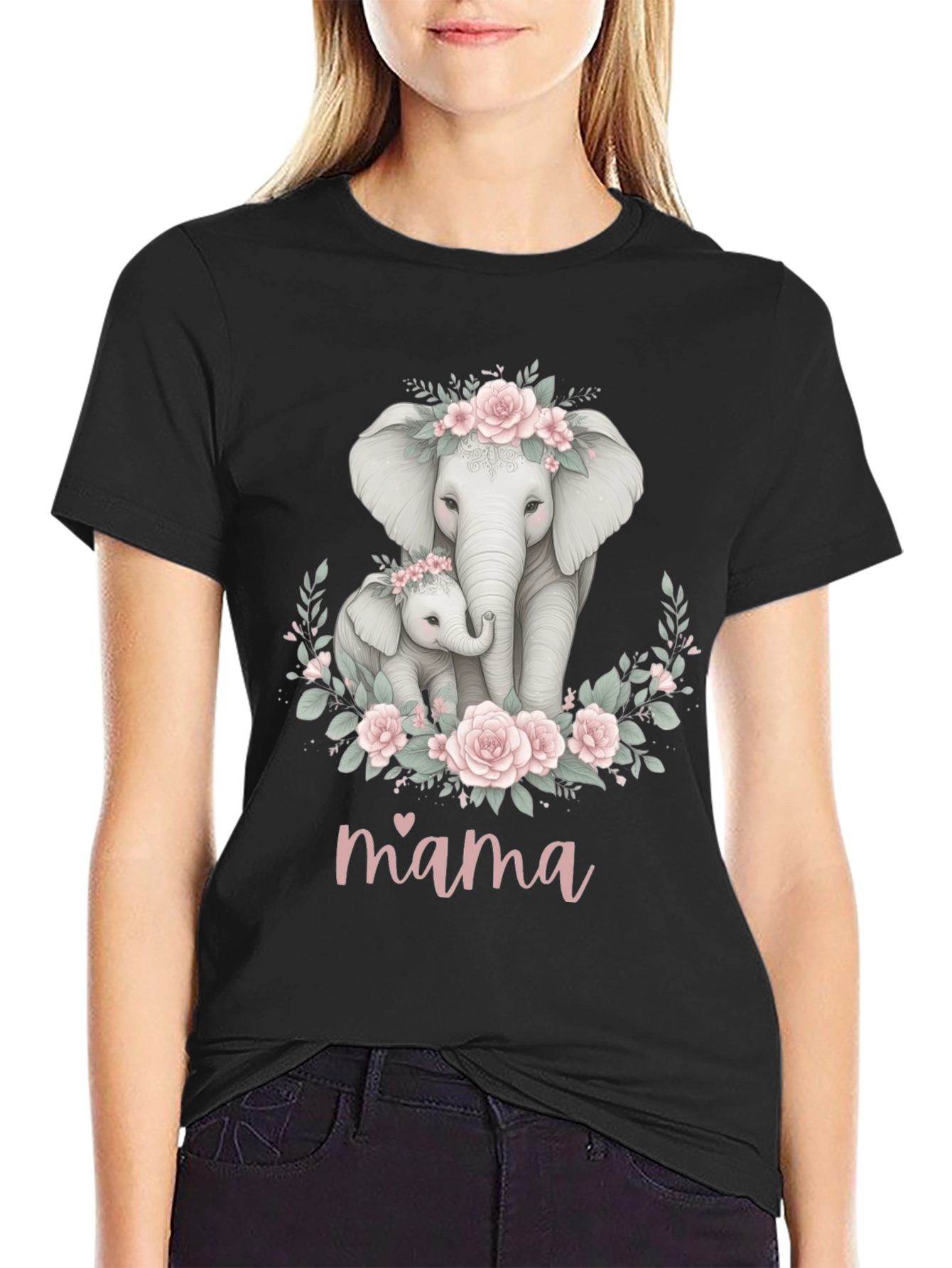Black Mama Elephant Floral T-Shirt - Adorable Mom Gift view 2