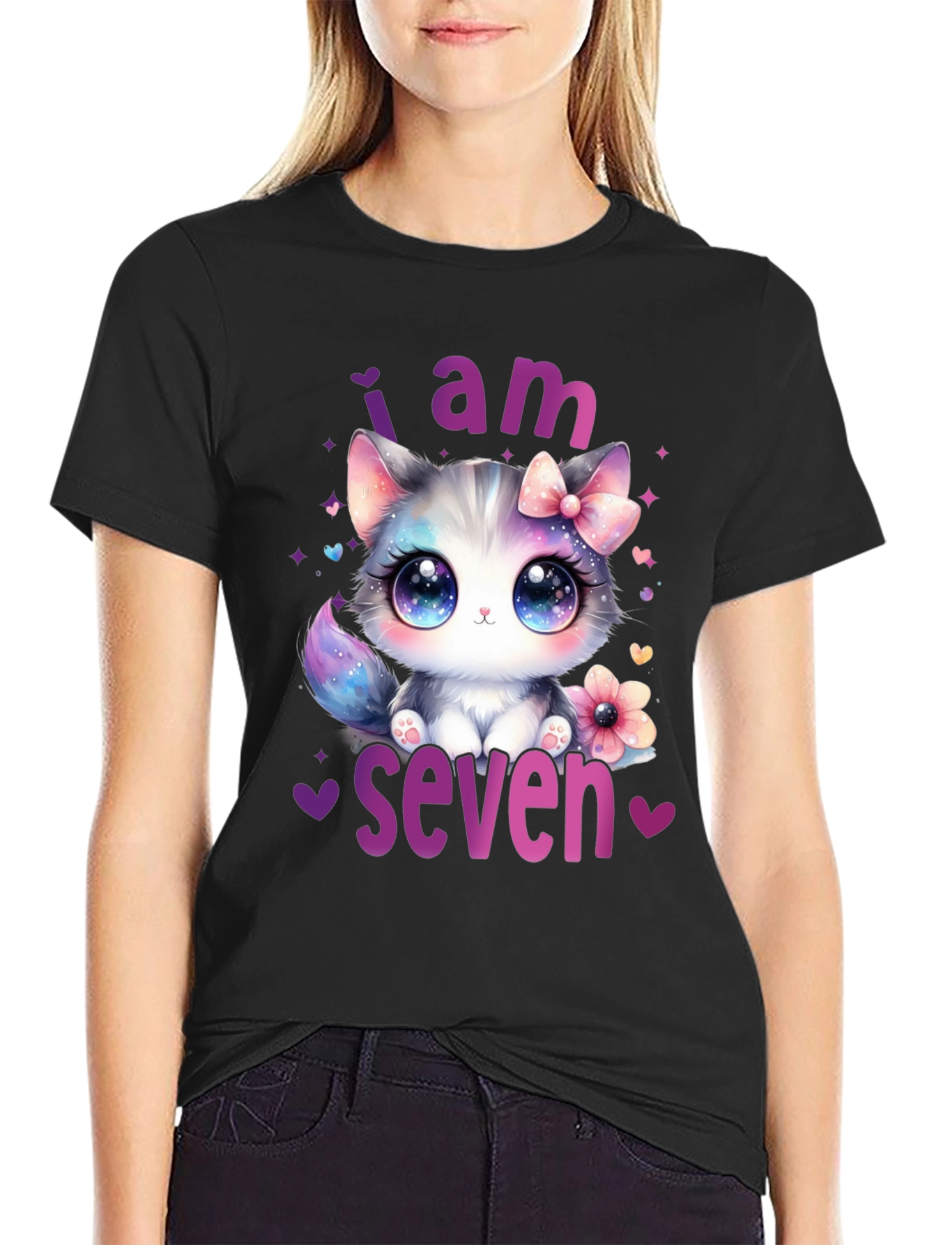 Black I am Seven Kitten Birthday T-Shirt view 2