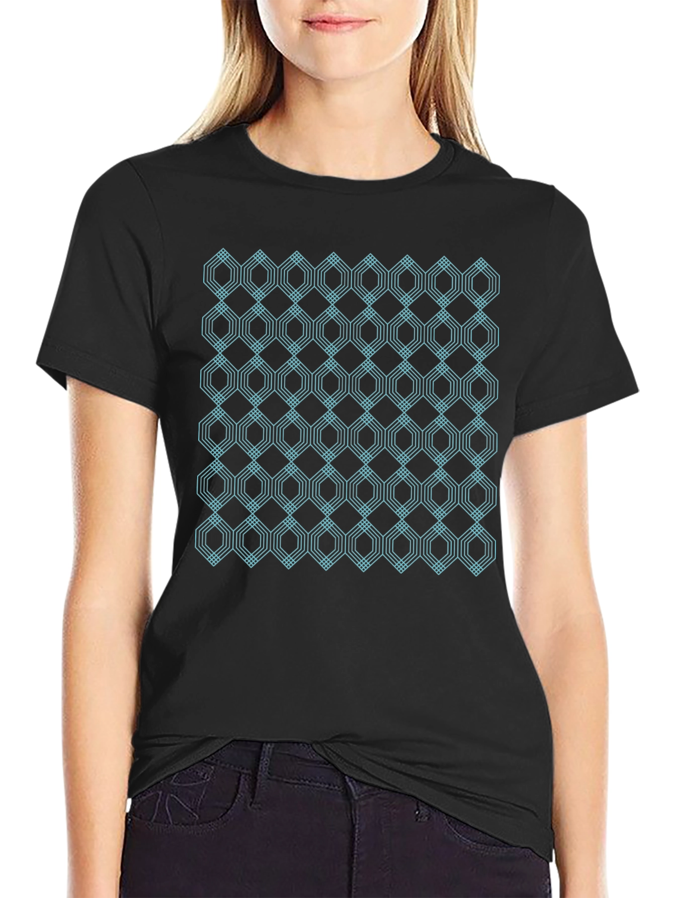Black Geometric Hexagon Pattern Black T-Shirt view 2