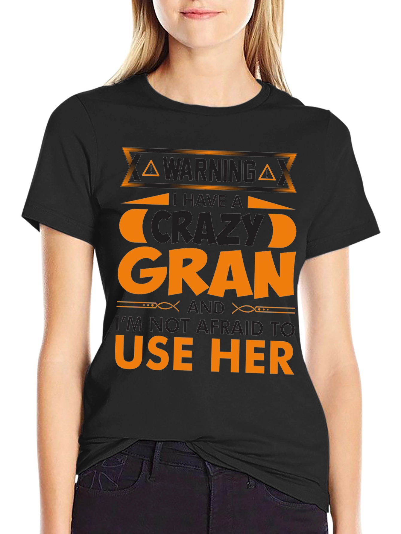 Black Warning Crazy Gran T-Shirt Novelty Graphic Tee view 2