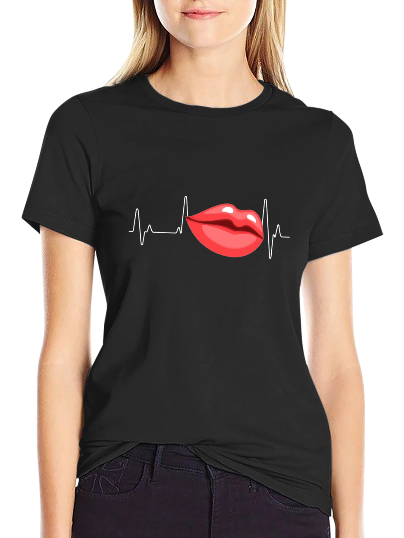 Black Heartbeat Lips Graphic Black T-Shirt view 2