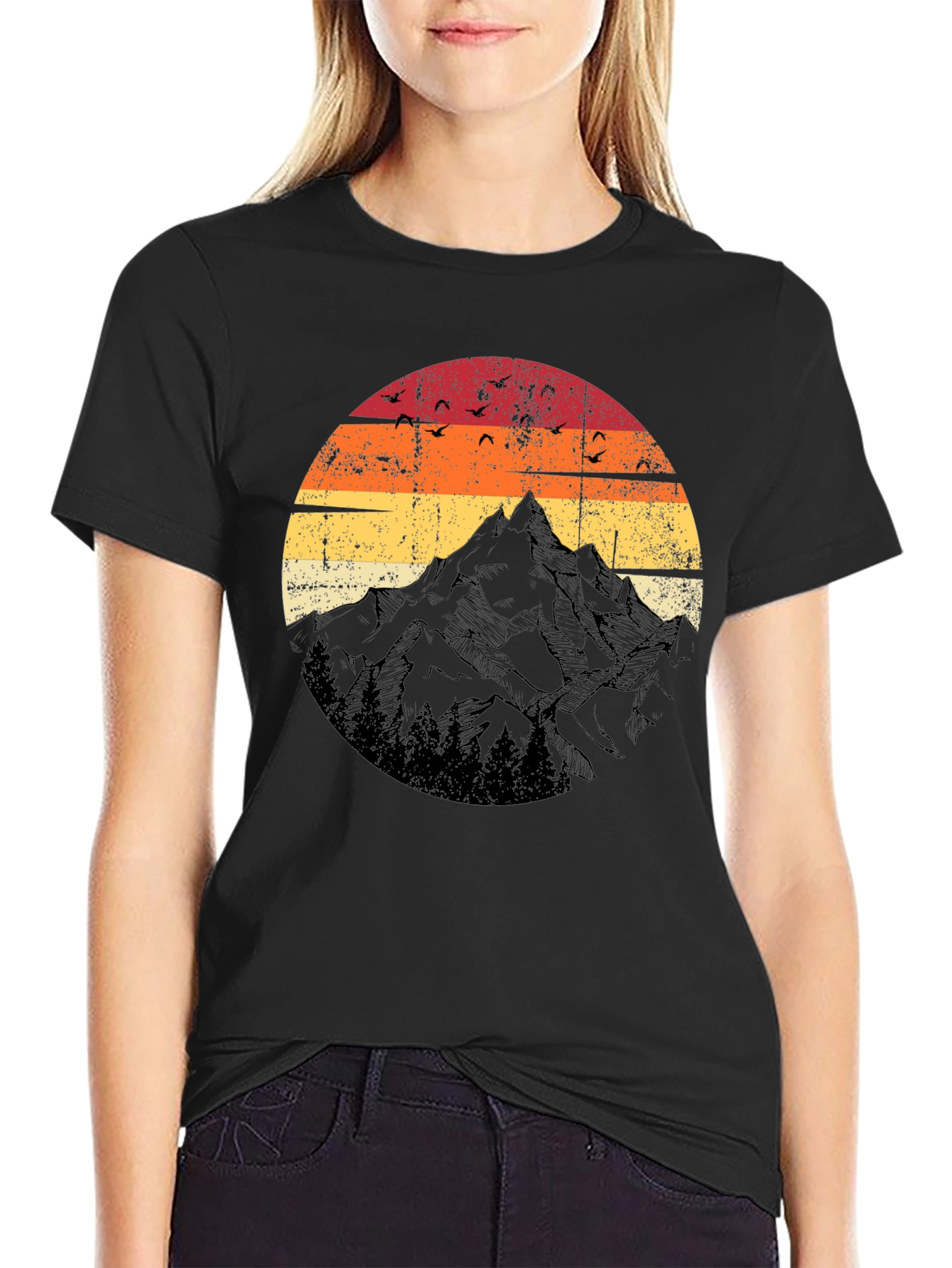 Black Retro Mountain Sunset T-Shirt - Black view 2