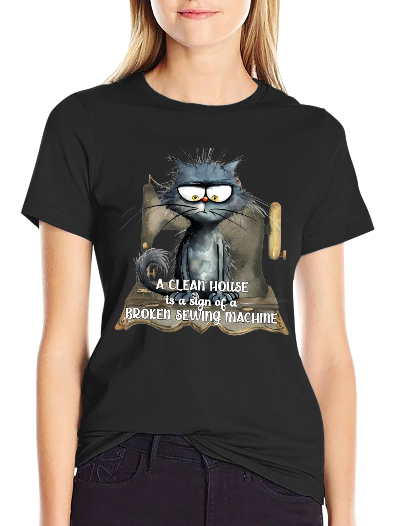 Black Cat & Sewing Machine T-Shirt - Humorous Design view 2