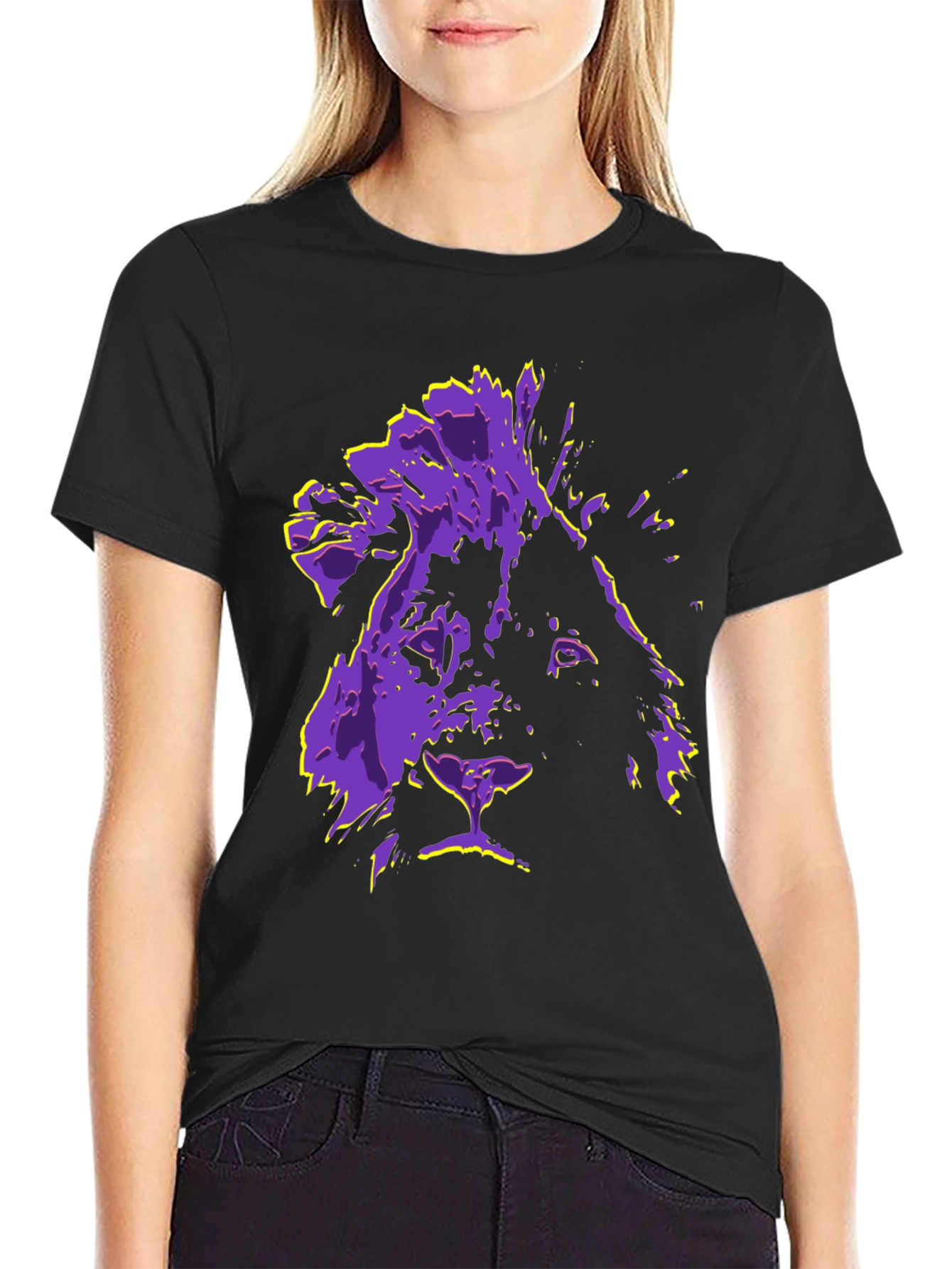 Black Lion Graphic Tee - Purple & Yellow Print T-Shirt view 2