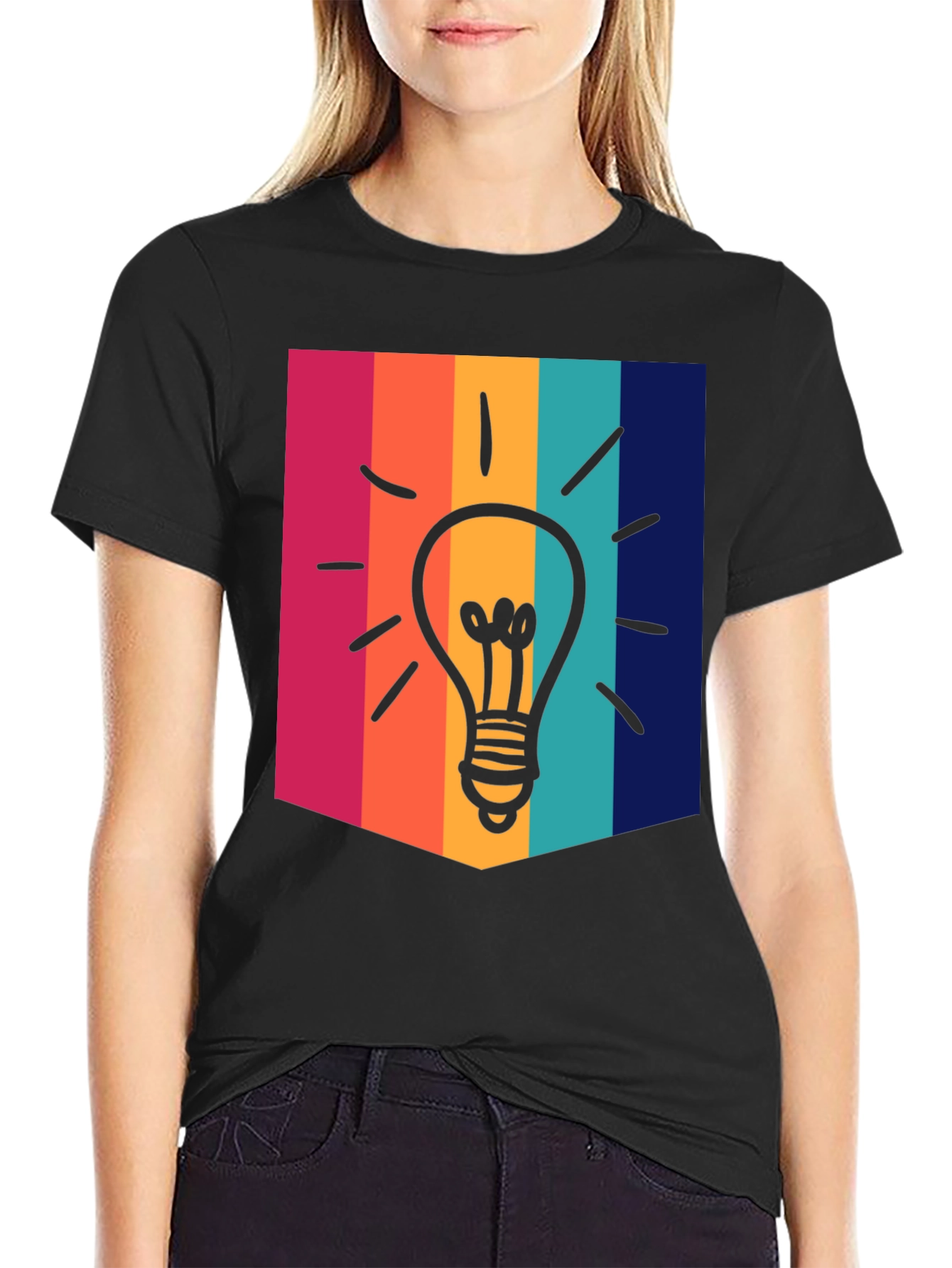 Black Creative Idea Bulb Colorful Stripe T-Shirt view 2