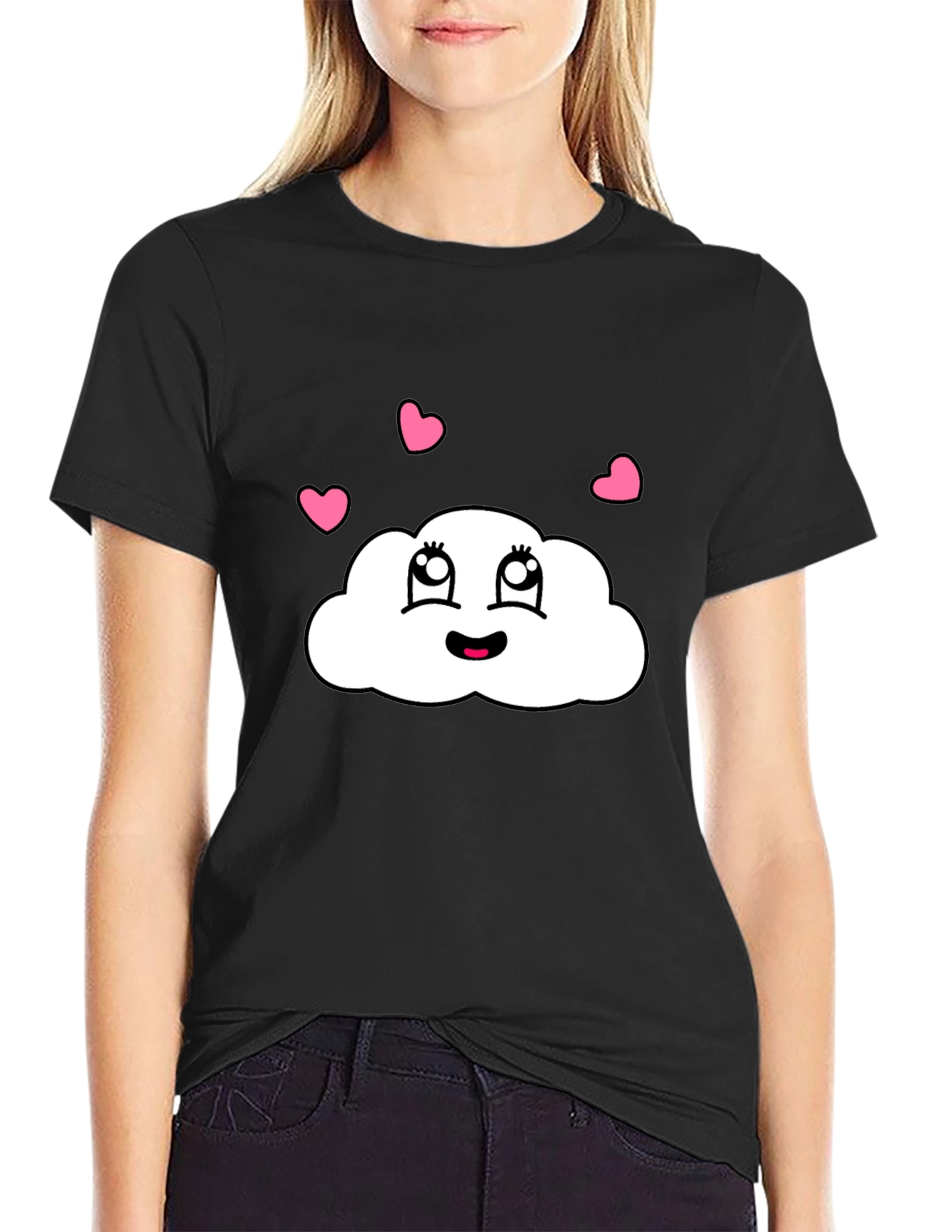 Black Cute Cloud T-Shirt - Black Cotton Tee with Heart Detail view 2