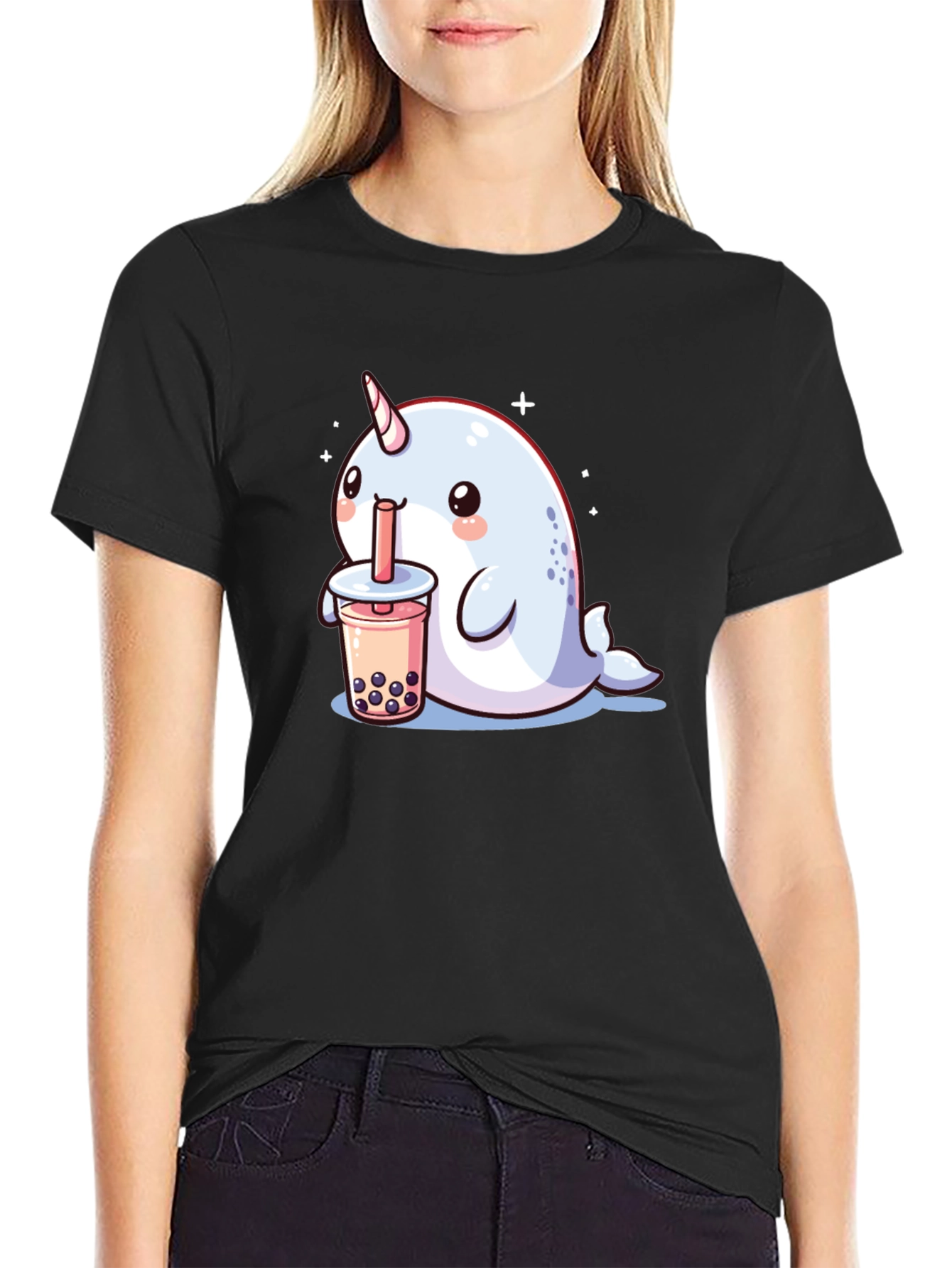 Black Cute Narwhal Boba Tea Graphic T-Shirt view 2