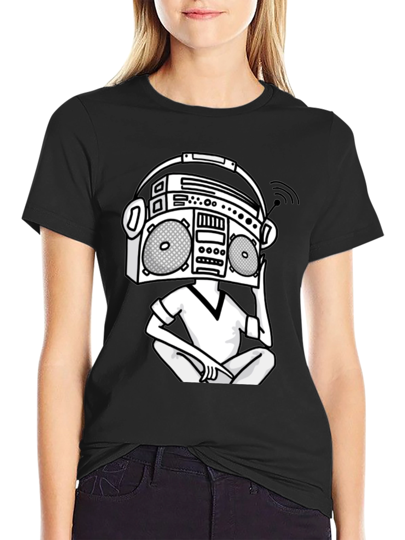 Black Retro Boombox Head T-Shirt - Classic Hip Hop Style view 2
