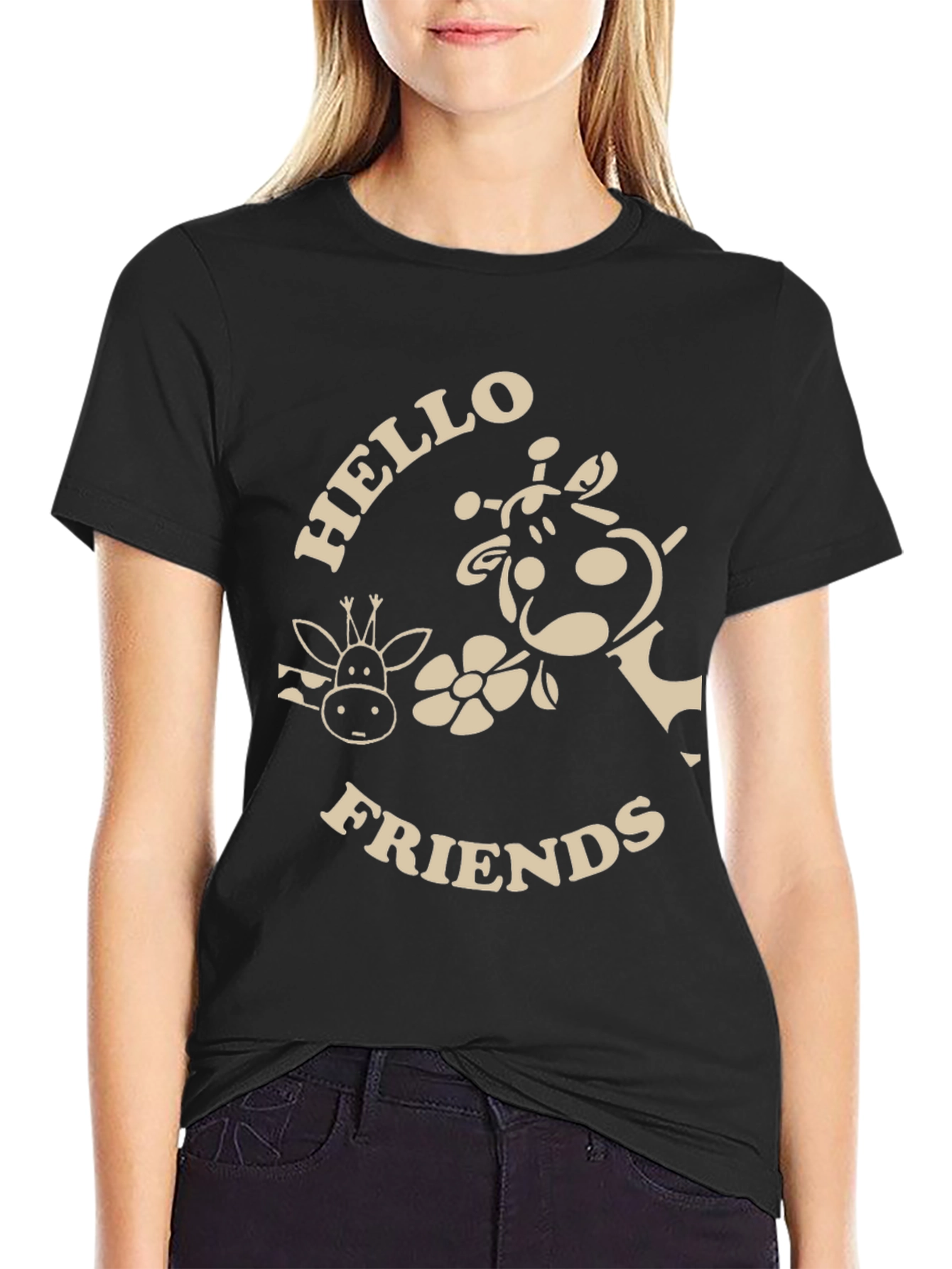 Black Hello Friends Giraffe Graphic T-Shirt view 2