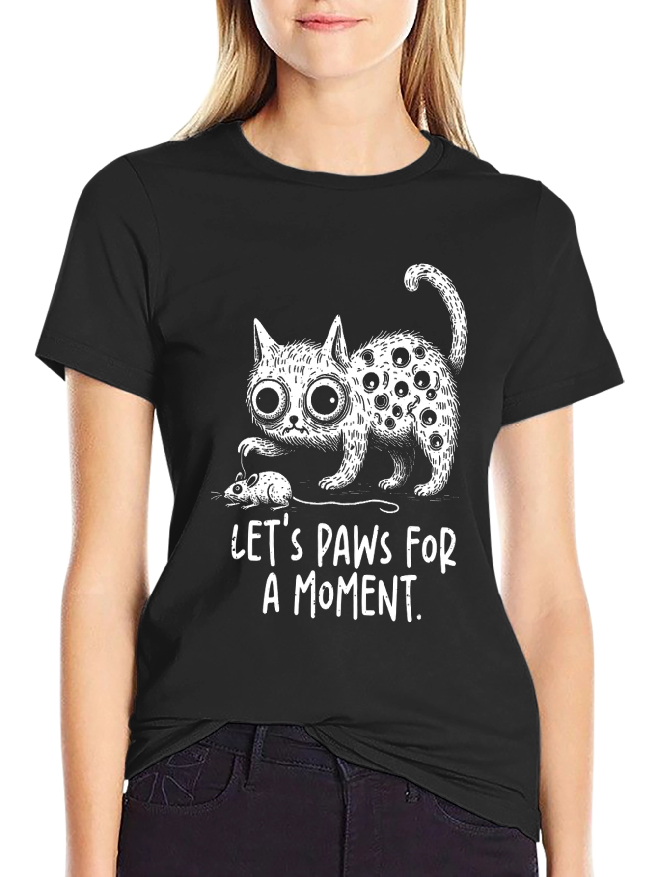 Black Funny Cat Graphic Tee: Let's Paws For A Moment view 2