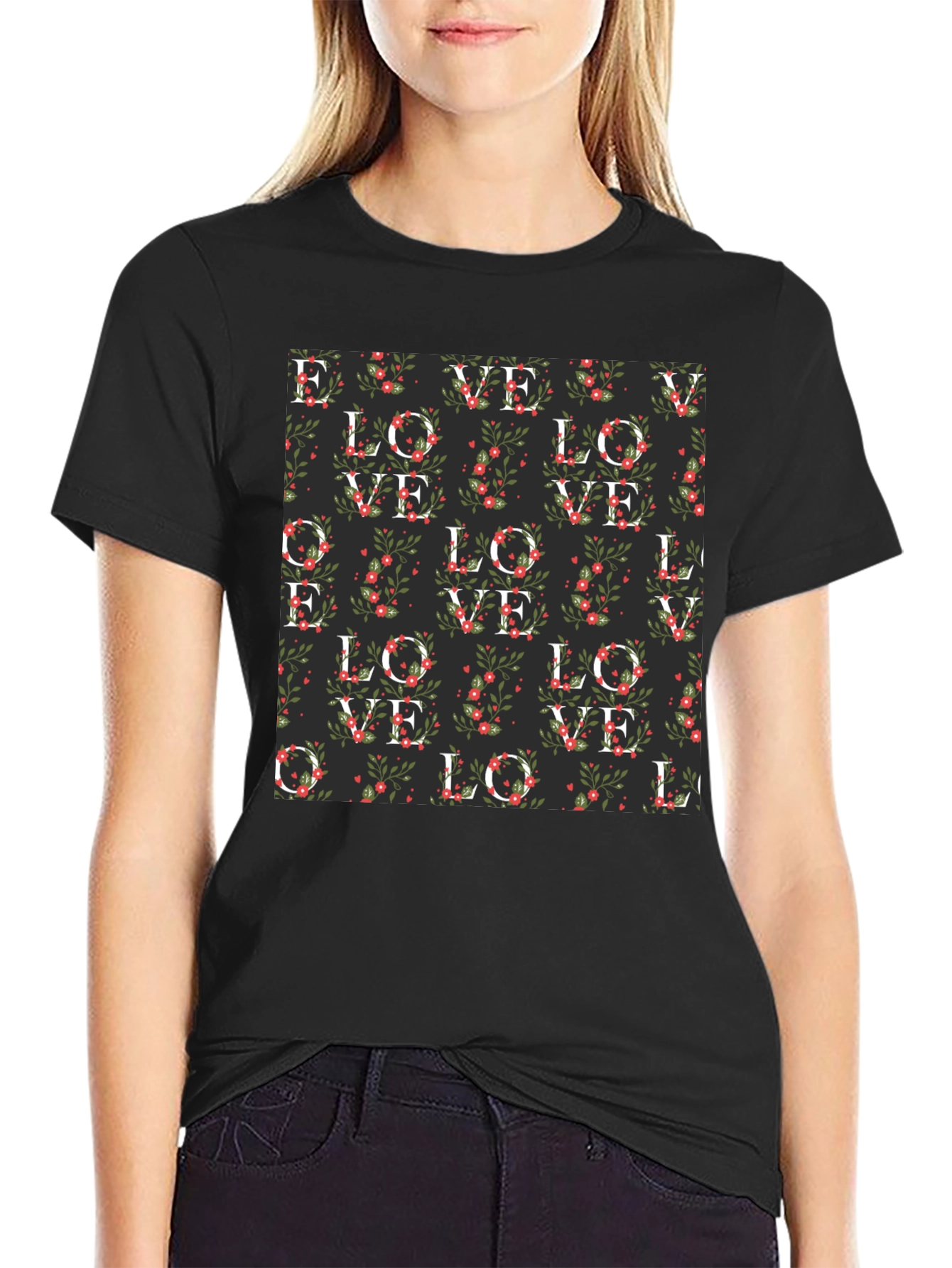 Black Floral Love Pattern T-Shirt view 2