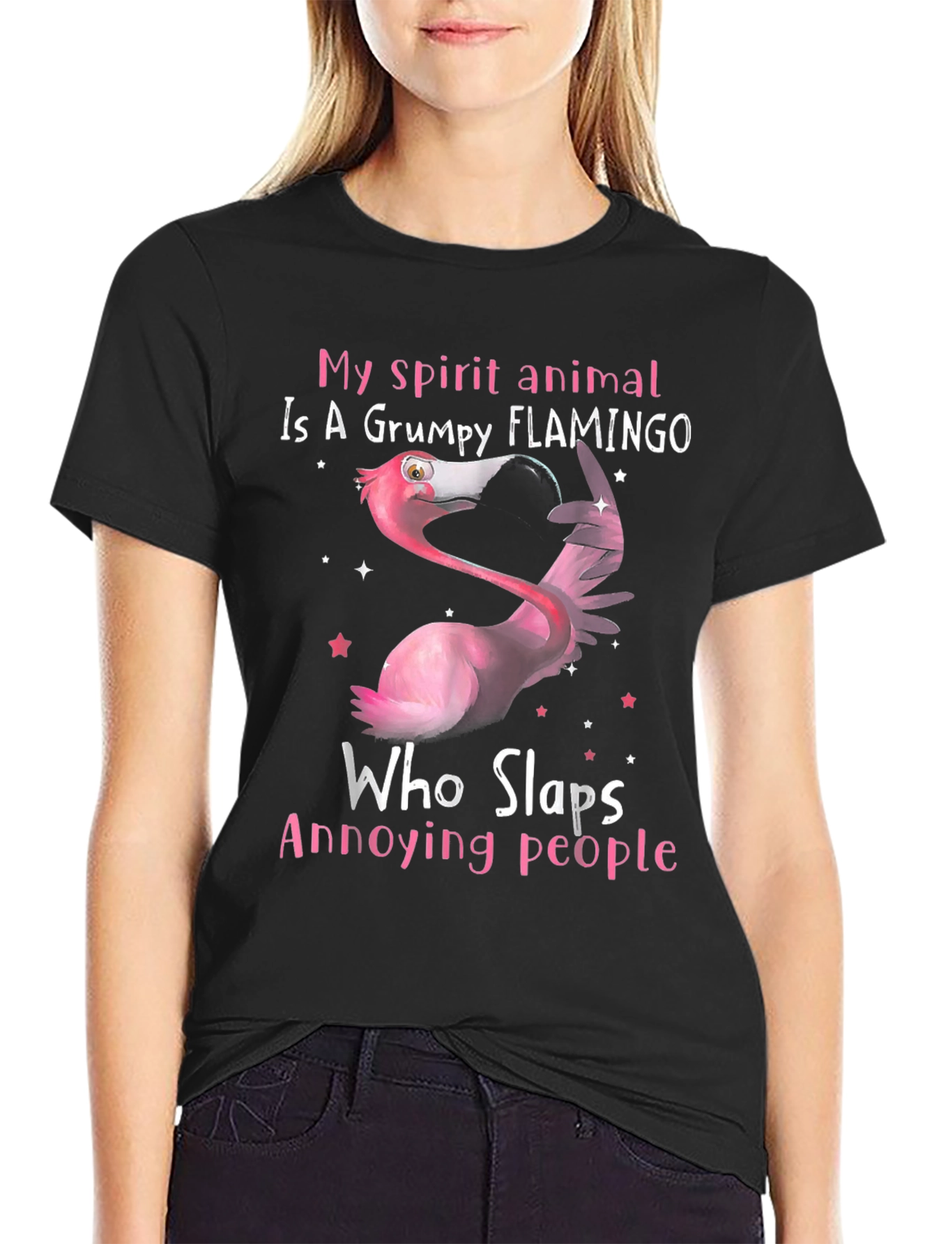 Black Grumpy Flamingo T-Shirt - Slap Annoying People Funny Tee view 2