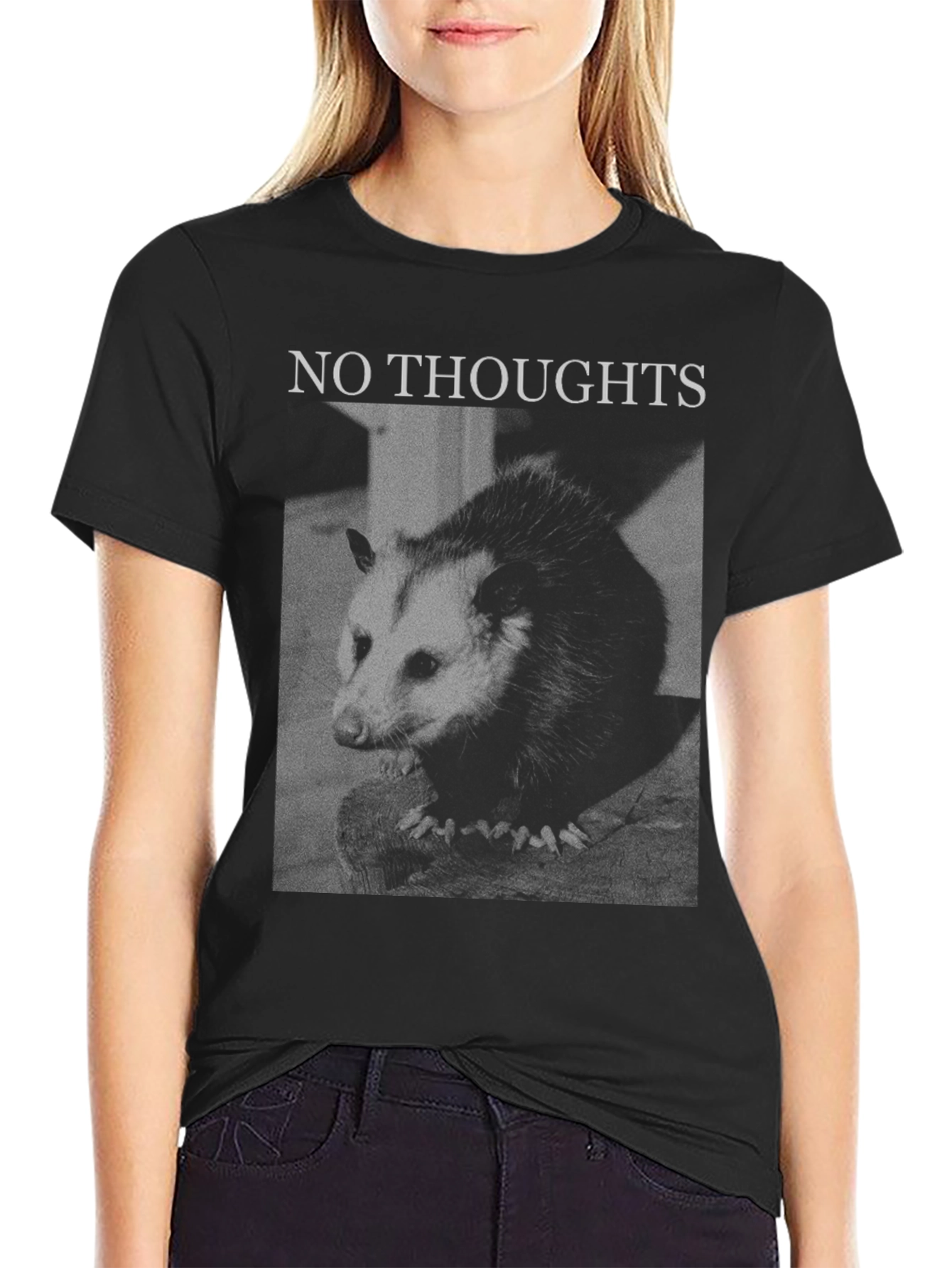 Black No Thoughts Opossum Graphic T-Shirt view 2