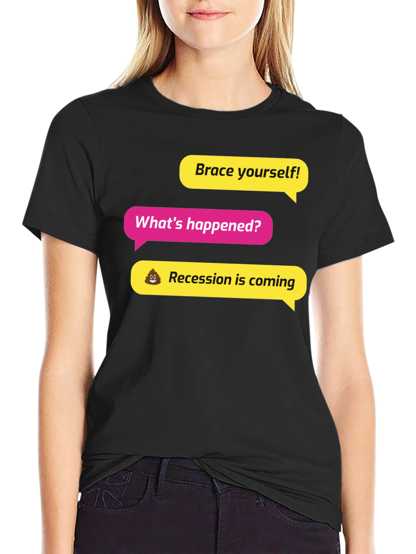 Black Brace Yourself! Recession Humor Graphic Tee view 2