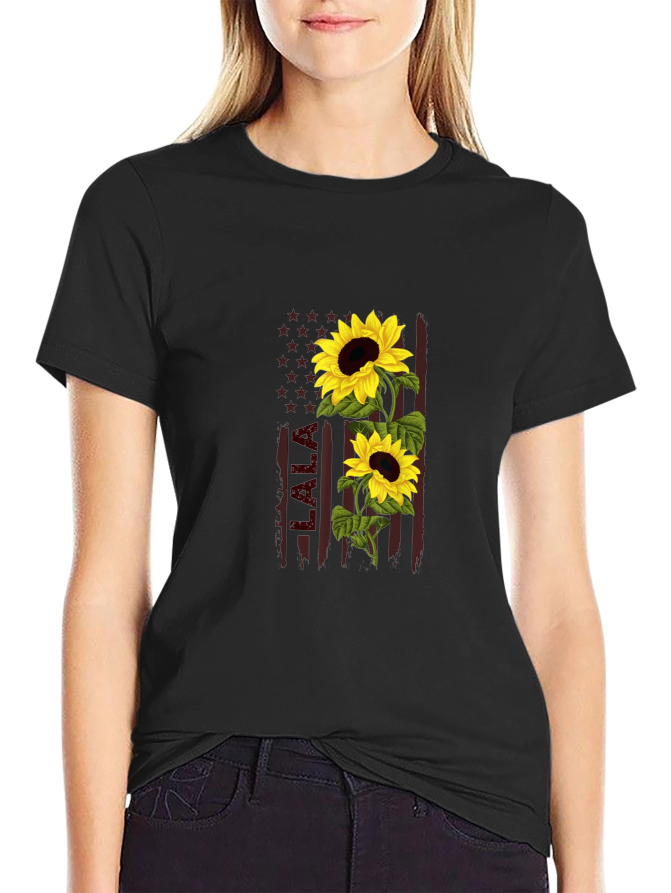 Black Sunflower American Flag Graphic Tee view 2