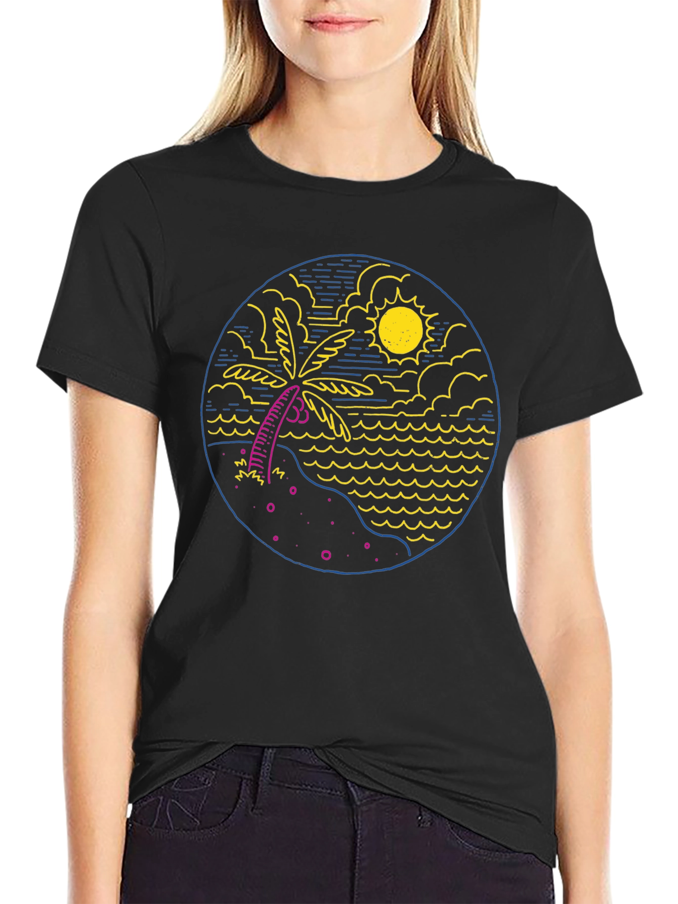 Black Tropical Beach T-Shirt: Palm Tree & Ocean Design view 2
