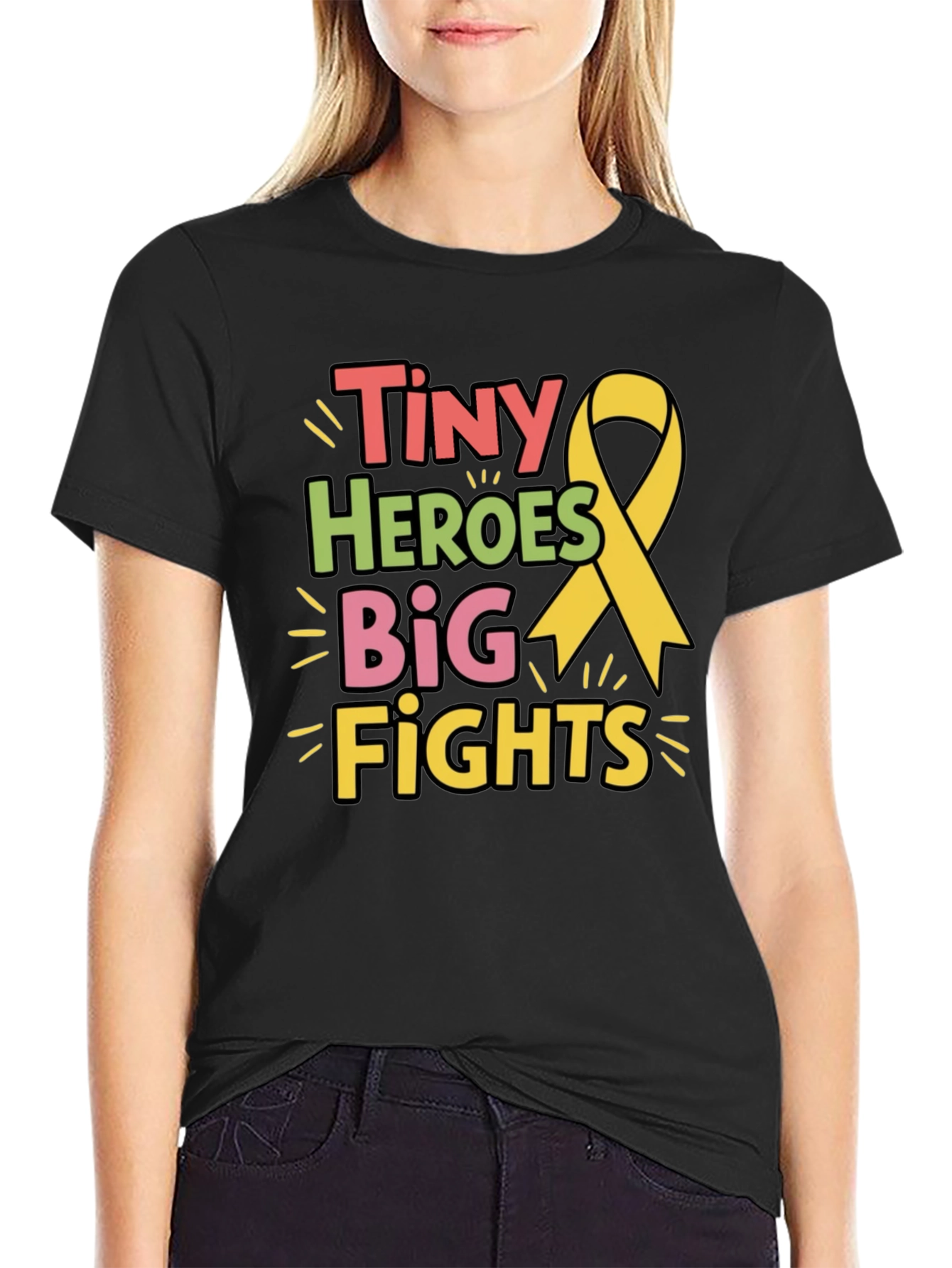 Black Tiny Heroes Big Fights T-Shirt - Childhood Cancer Awareness view 2