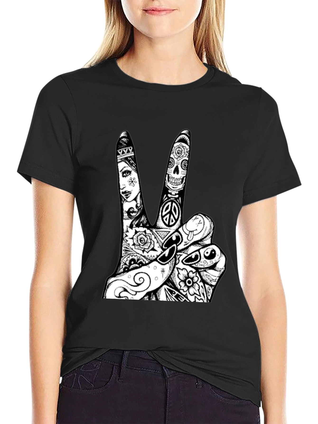 Black Peace Sign Tattoo Graphic Tee - Black Cotton T-Shirt view 2