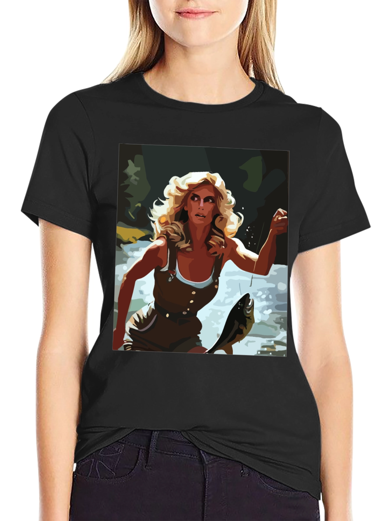 Black Fishing Woman Graphic Tee - Black Casual Shirt view 2