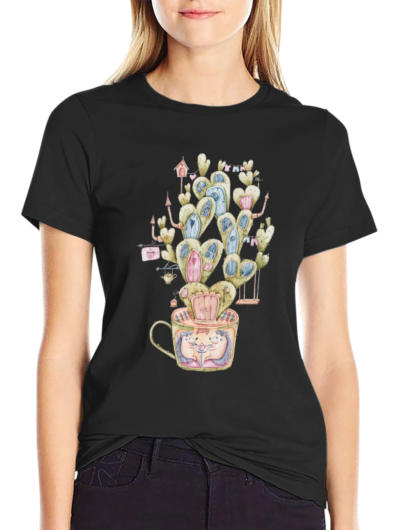 Black Whimsical Hedgehog Cactus Tee view 2