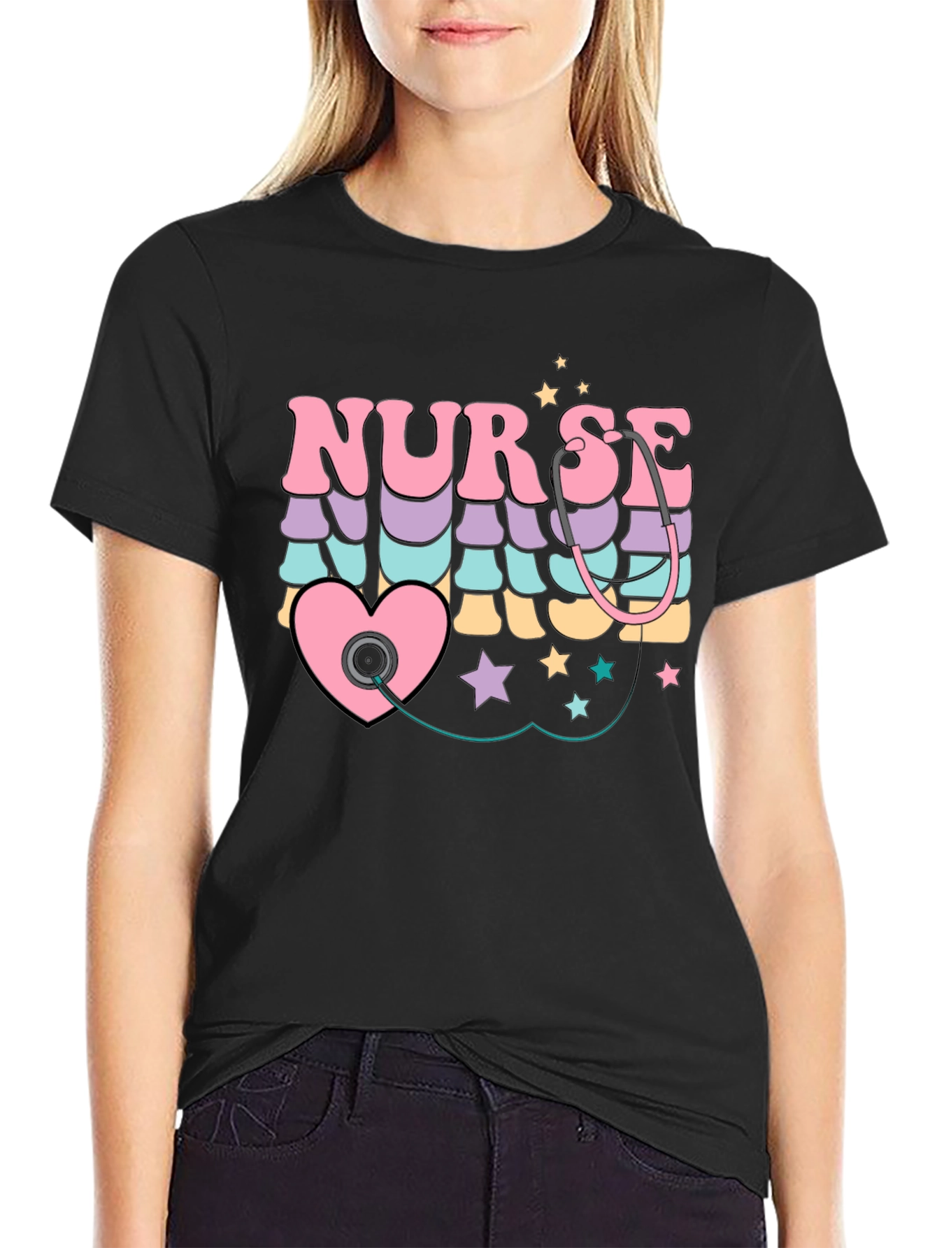 Black Retro Nurse T-Shirt with Stethoscope Heart Design view 2