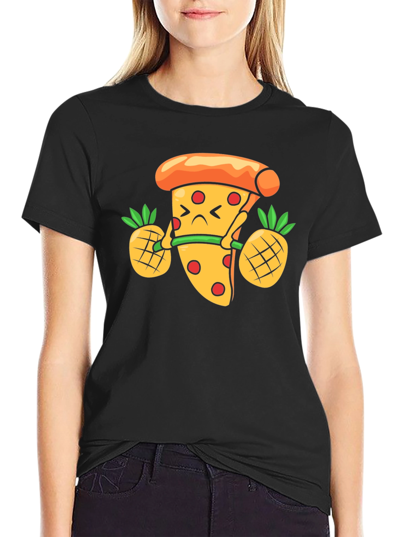Black Pizza Lifting Pineapple Weights Funny T-Shirt view 2