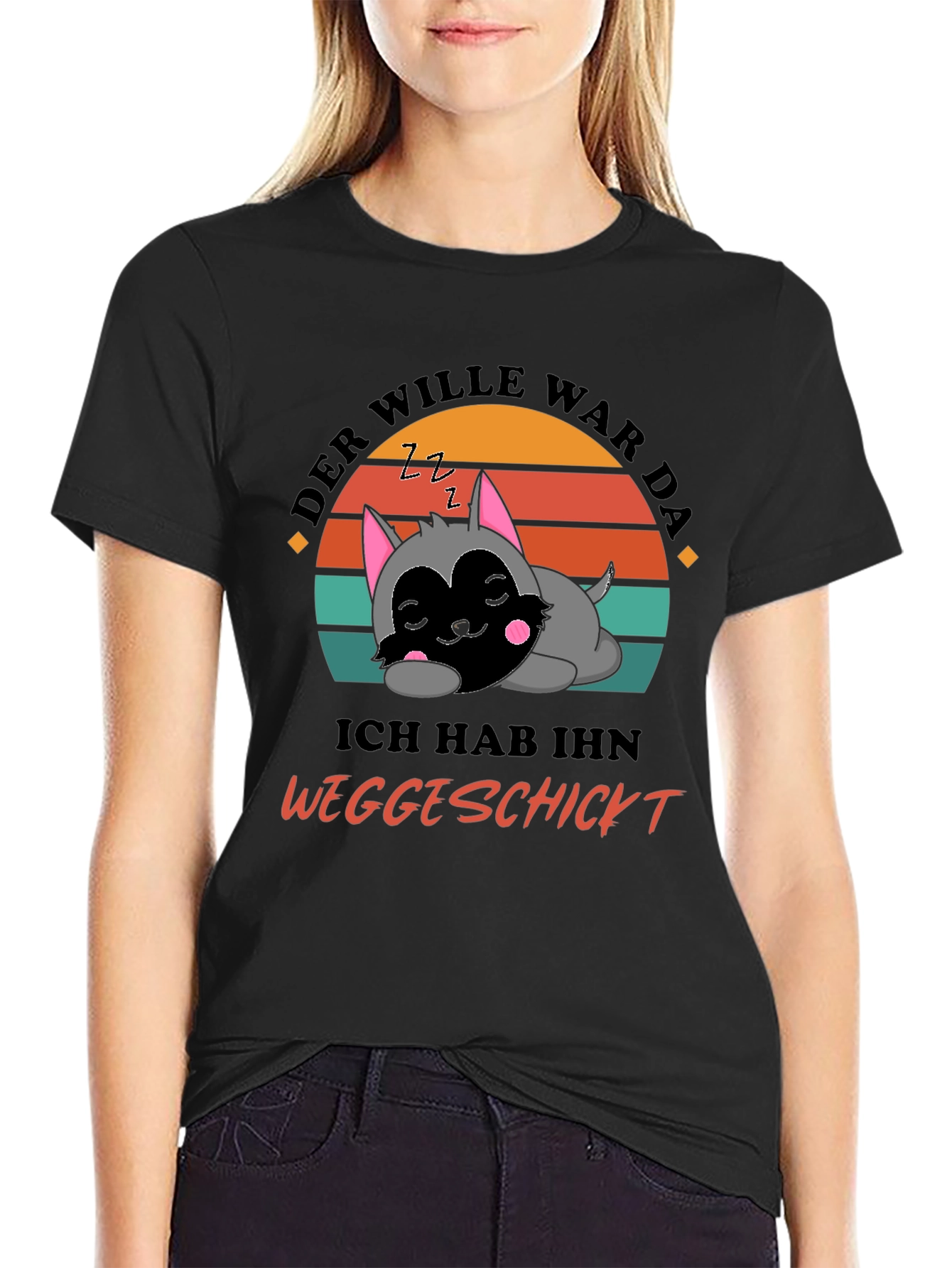 Black Funny Sleeping Cat T-Shirt view 2