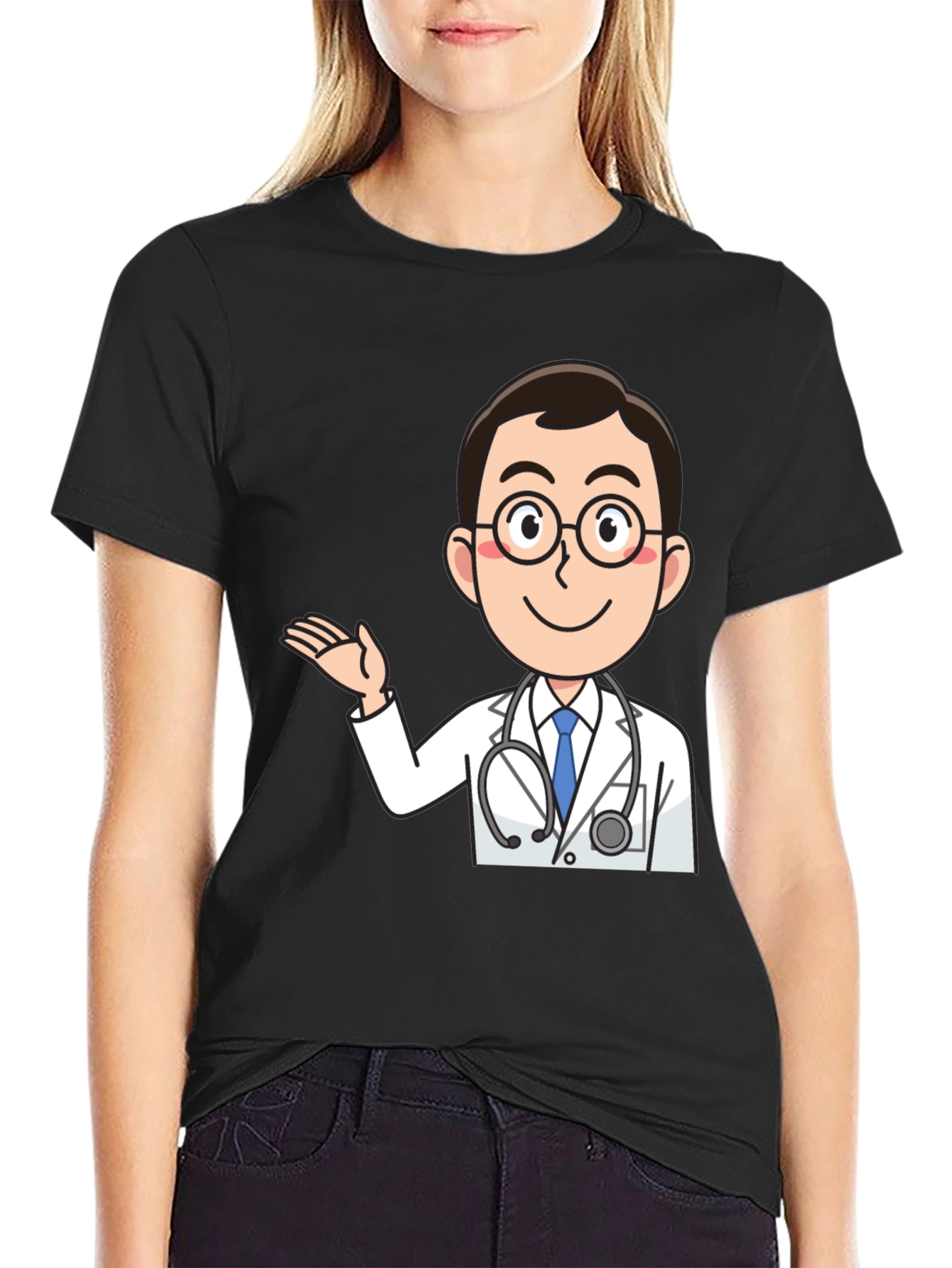 Black Cartoon Doctor Graphic T-Shirt - Black Cotton Tee view 2
