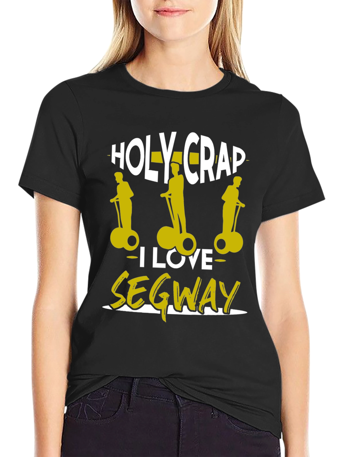 Black Holy Crap I Love Segway T-Shirt - Black Cotton Tee view 2