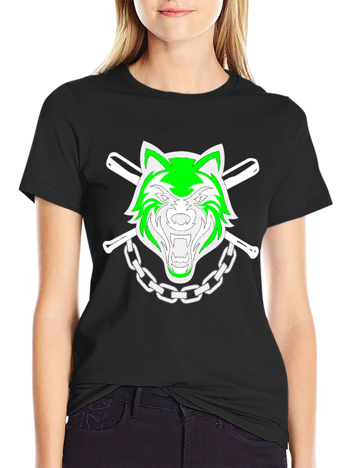 Black Green Wolf Graphic Black T-Shirt view 2