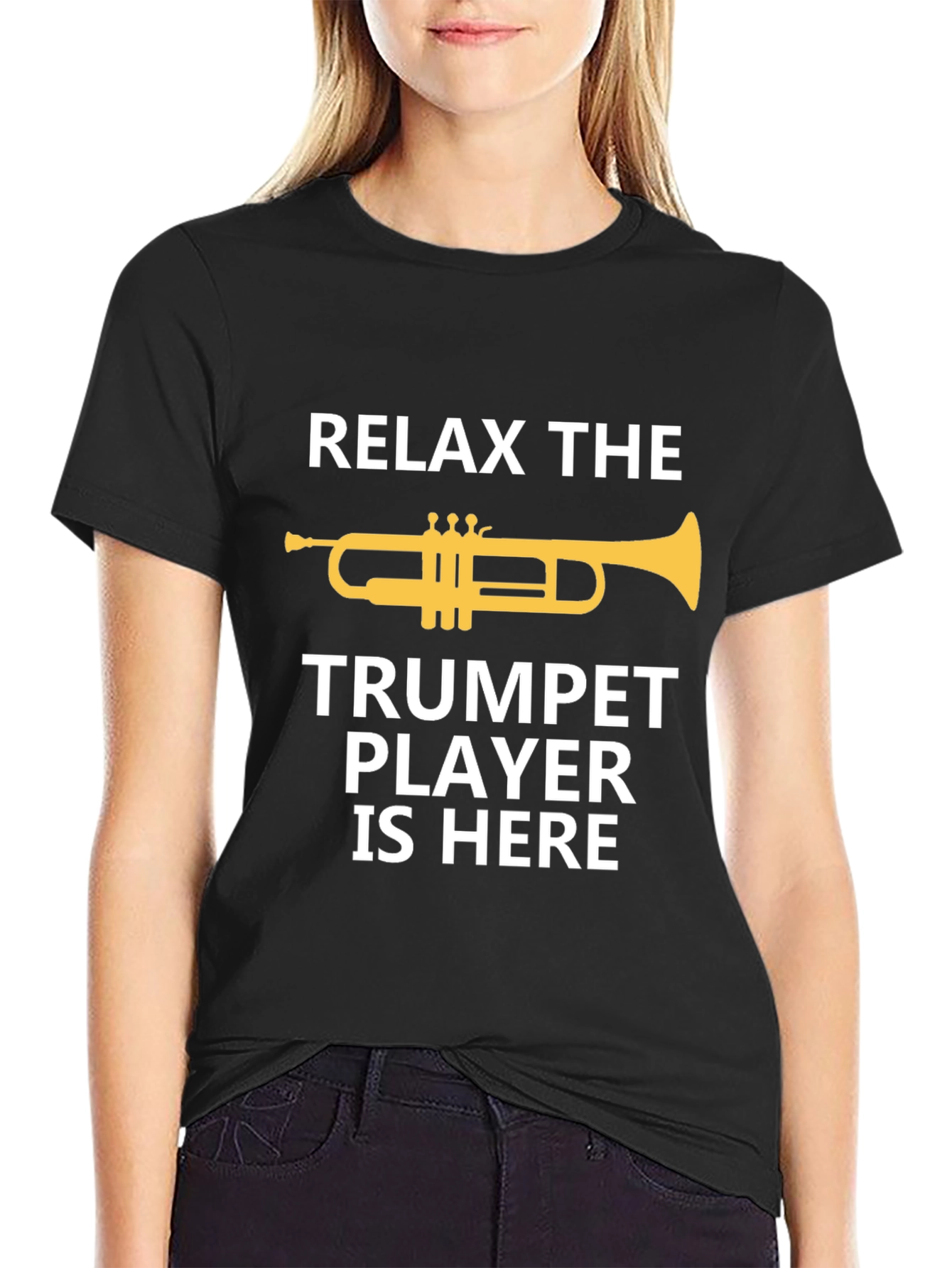 Black Relax Trumpet Player Here - Musician Graphic Tee view 2