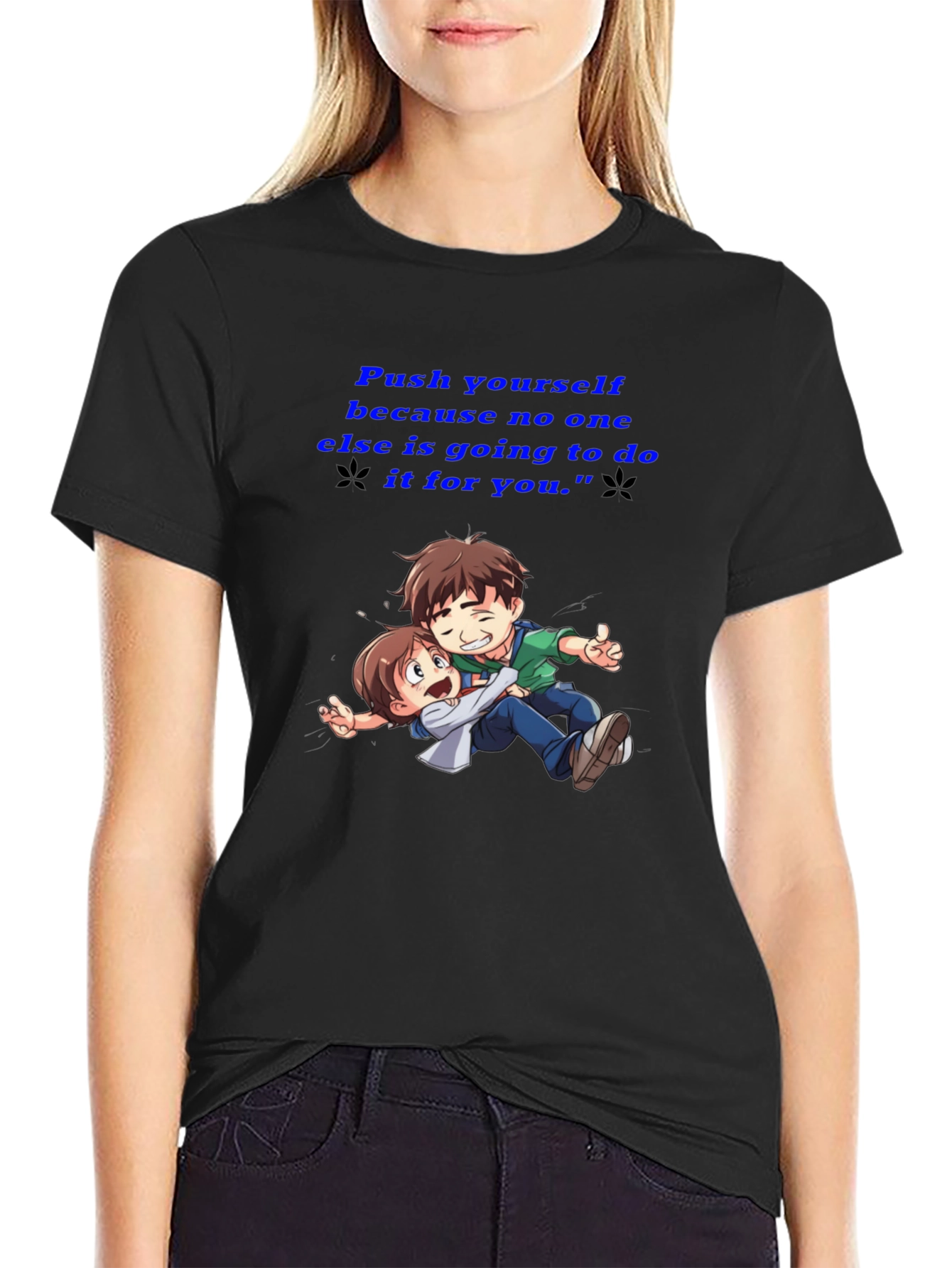 Black Motivational Black T-Shirt: "Push Yourself" Anime Design view 2