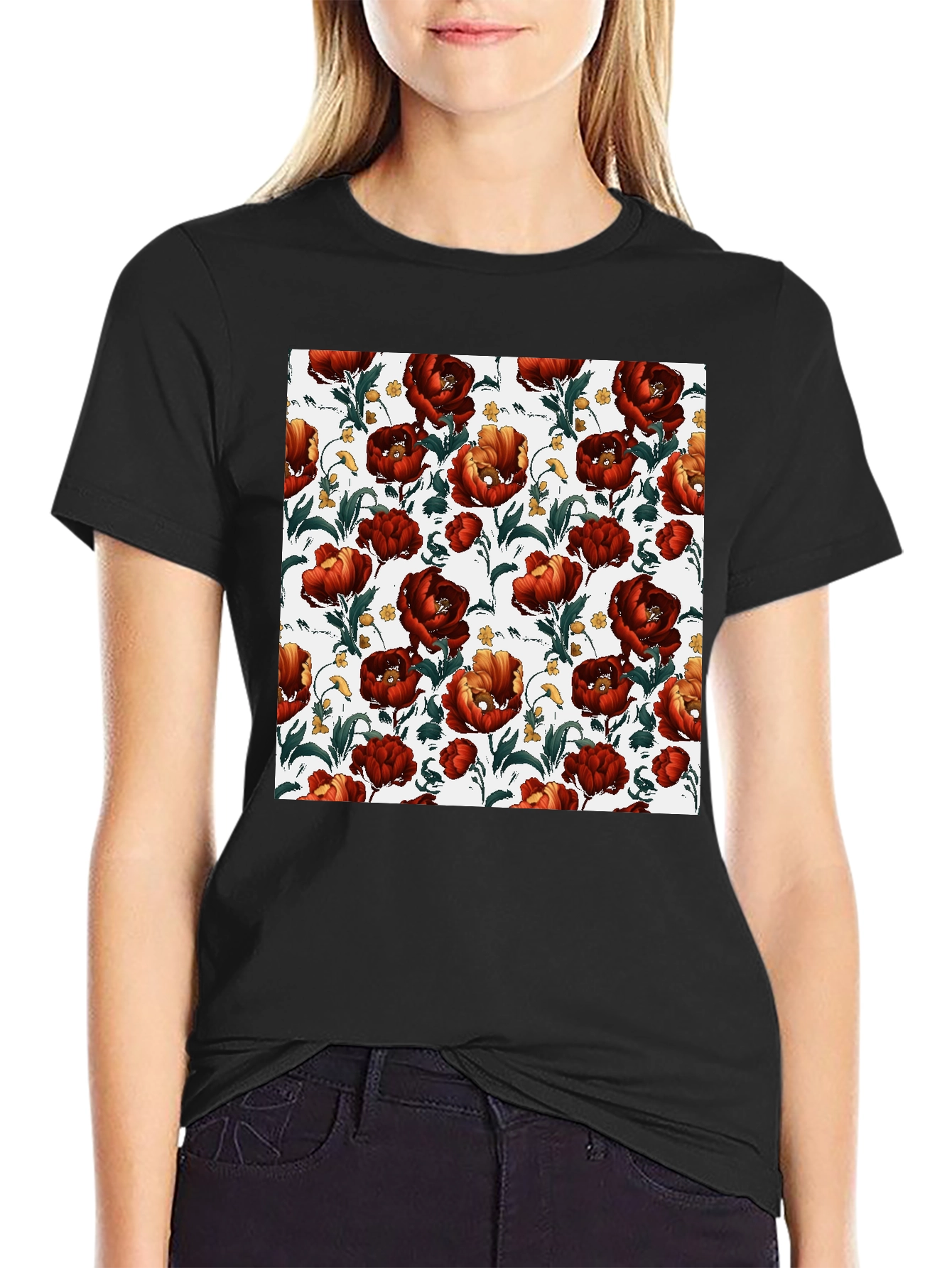 Black Floral Print Crew Neck T-Shirt - Bold Red Blooms view 2