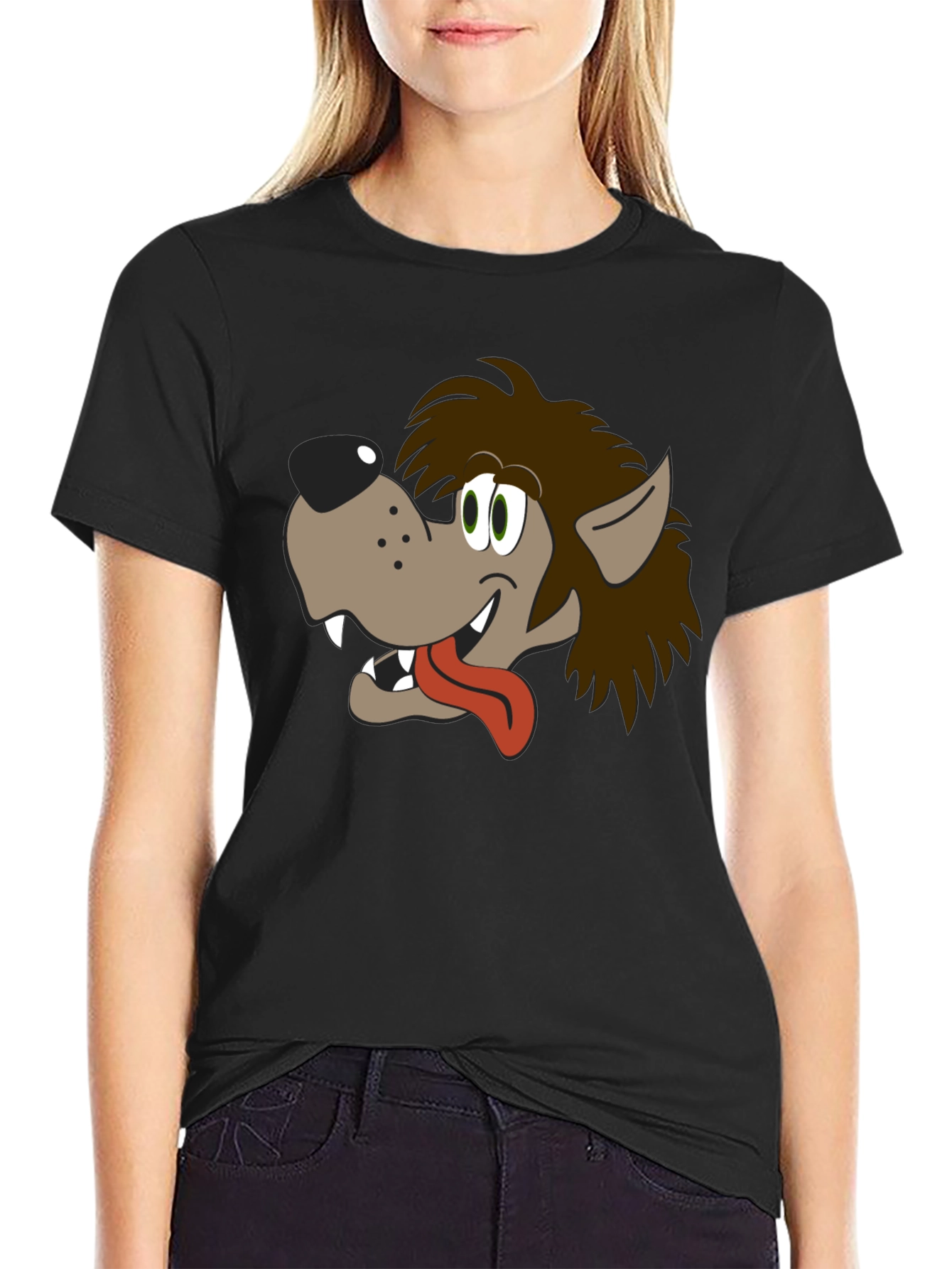 Black Cartoon Wolf Graphic Tee - Black Cotton Blend Shirt view 2
