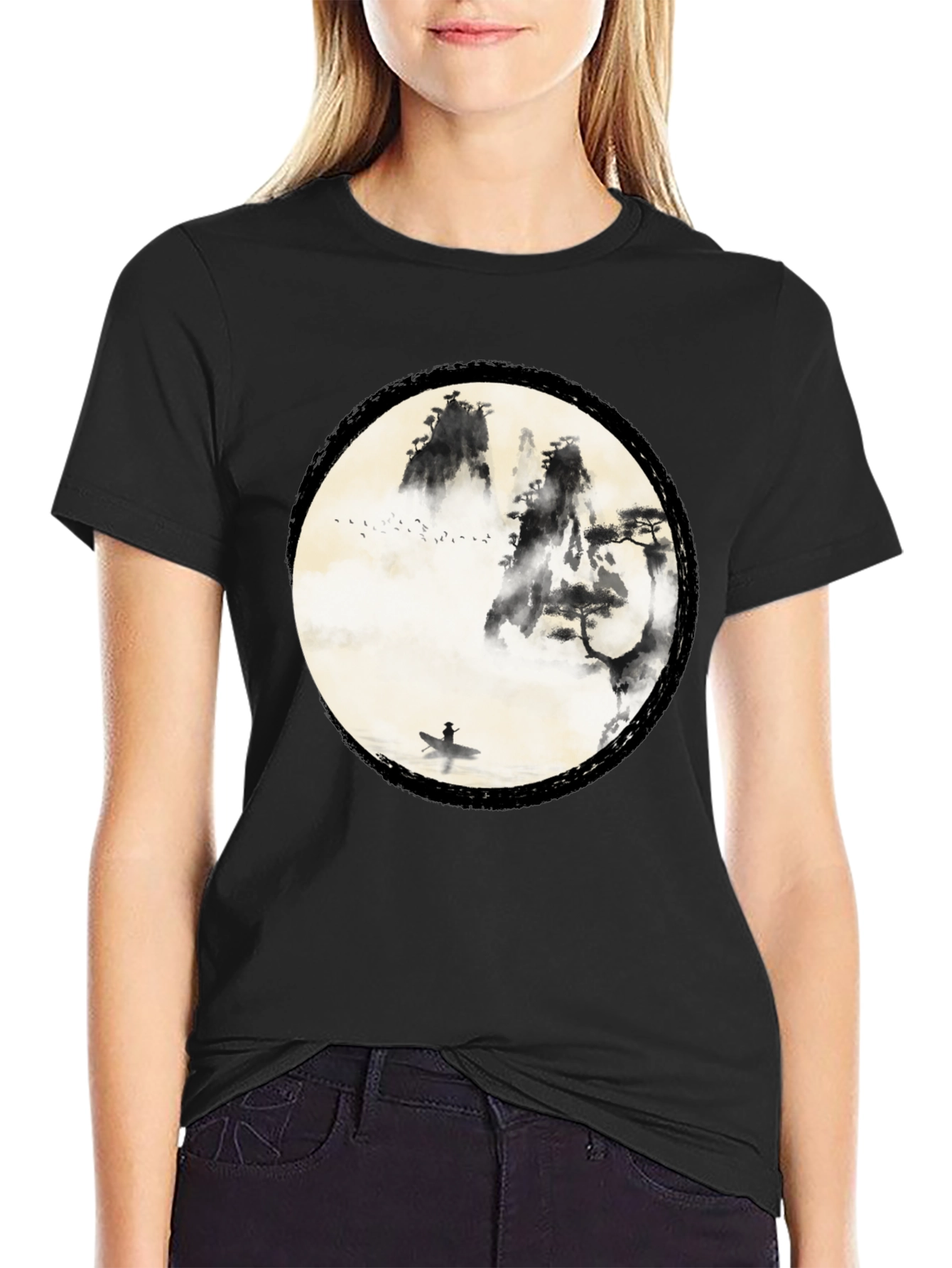 Black Zen Mountain & Boat Graphic Tee - Black view 2