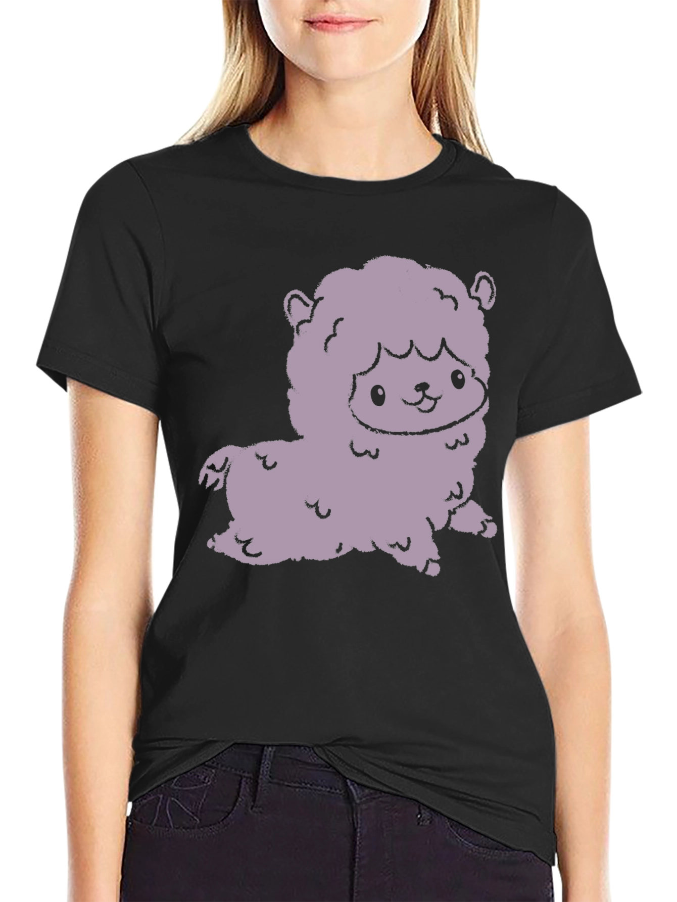 Black Cute Alpaca Graphic Tee - Stylish Black T-Shirt view 2
