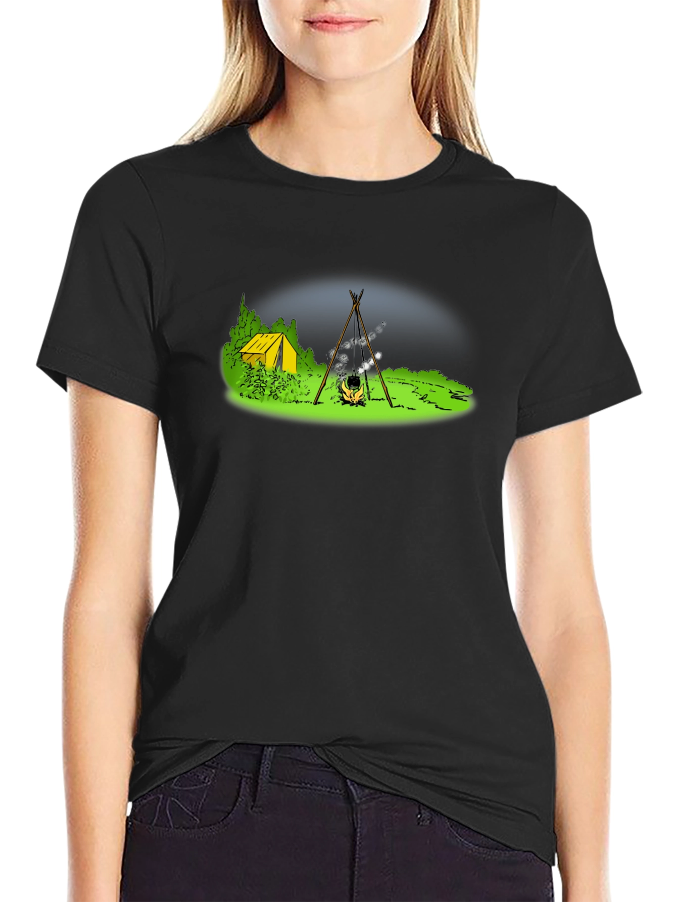 Black Camping T-Shirt - Tent & Bonfire Graphic Tee view 2