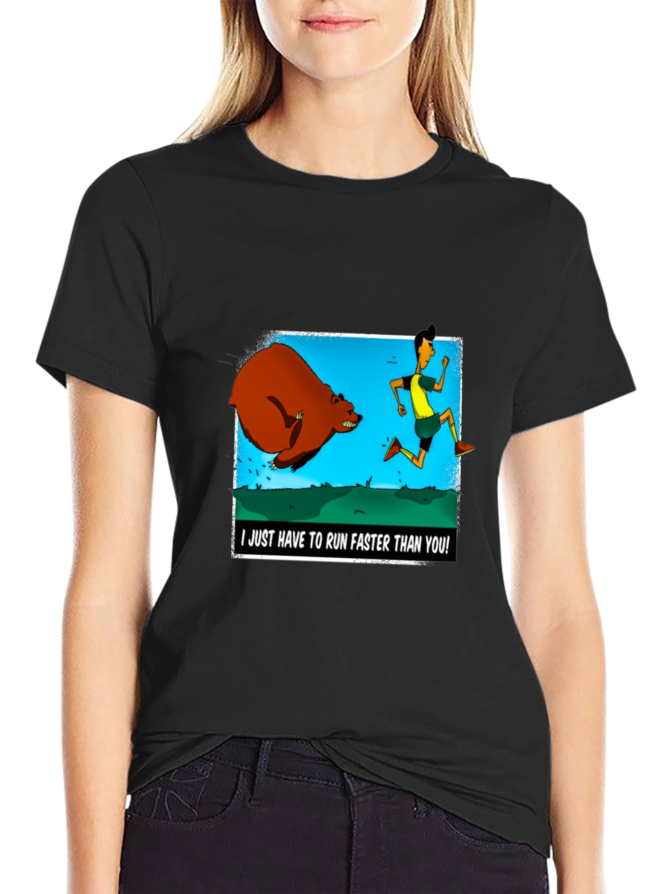 Black Run Faster Than You T-Shirt: Bear Chase Graphic Tee view 2