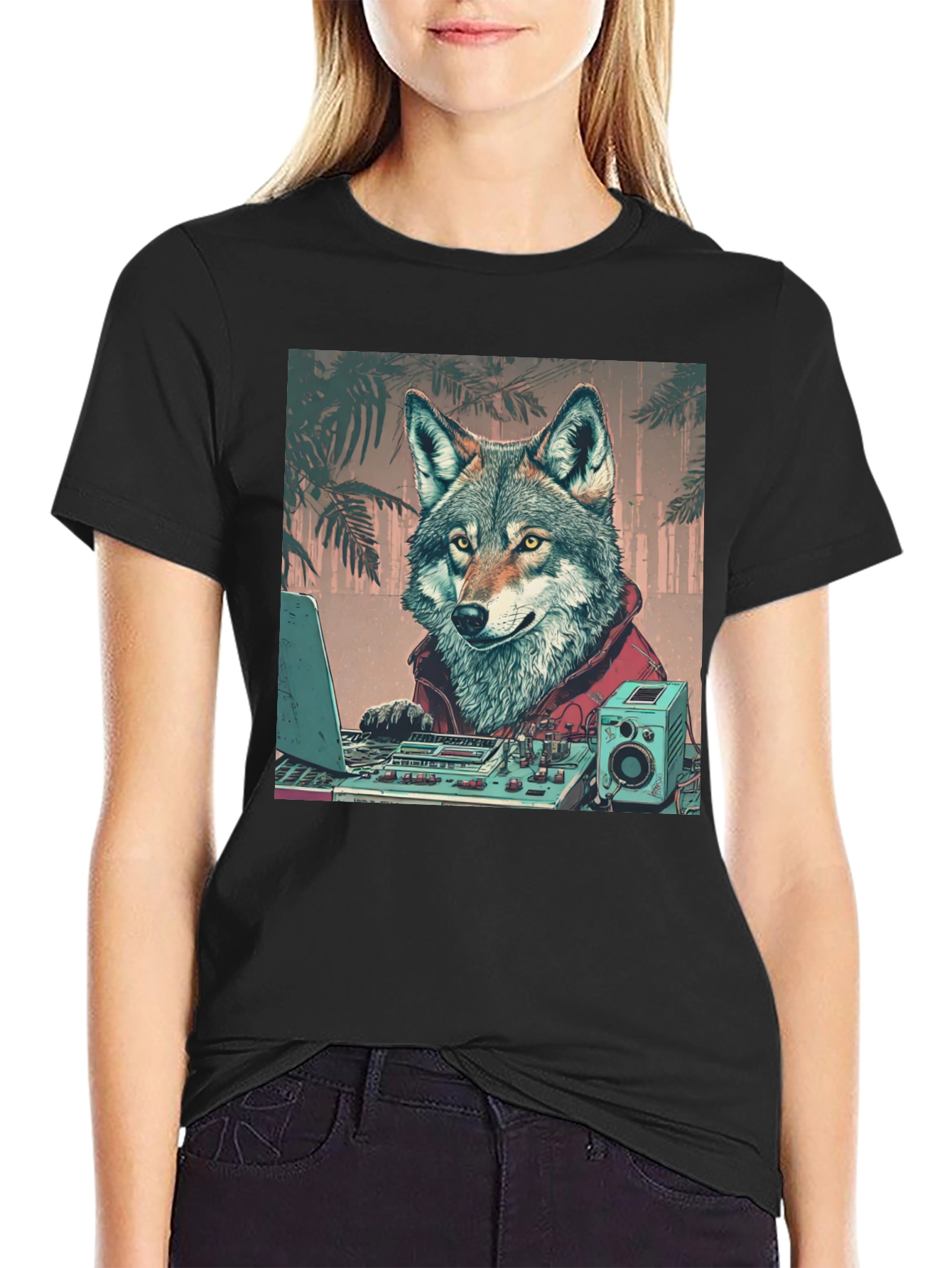 Black DJ Wolf Graphic Tee - Cool Animal Lover Shirt view 2