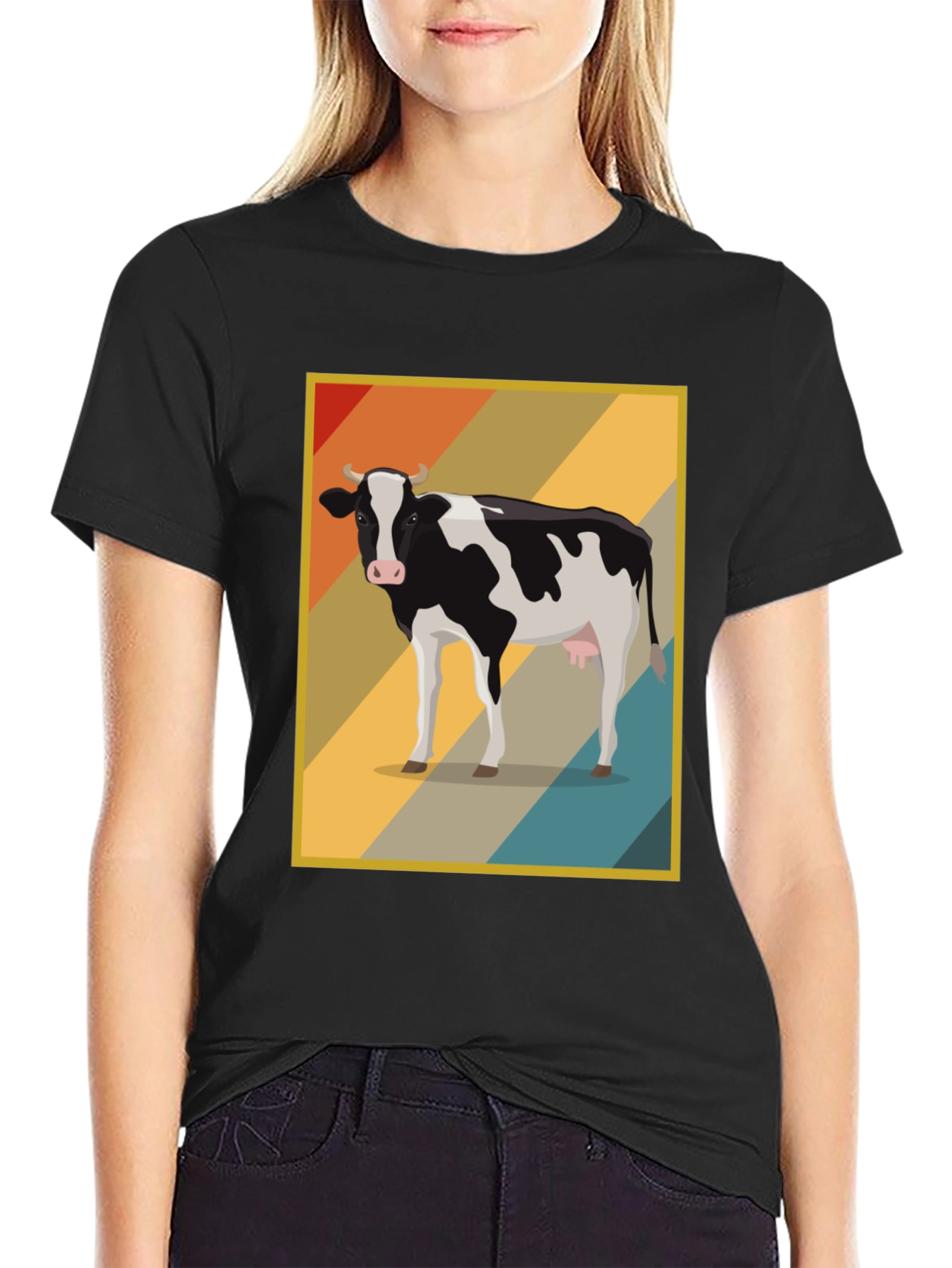 Black Retro Cow Graphic Tee - Farm Animal T-Shirt view 2