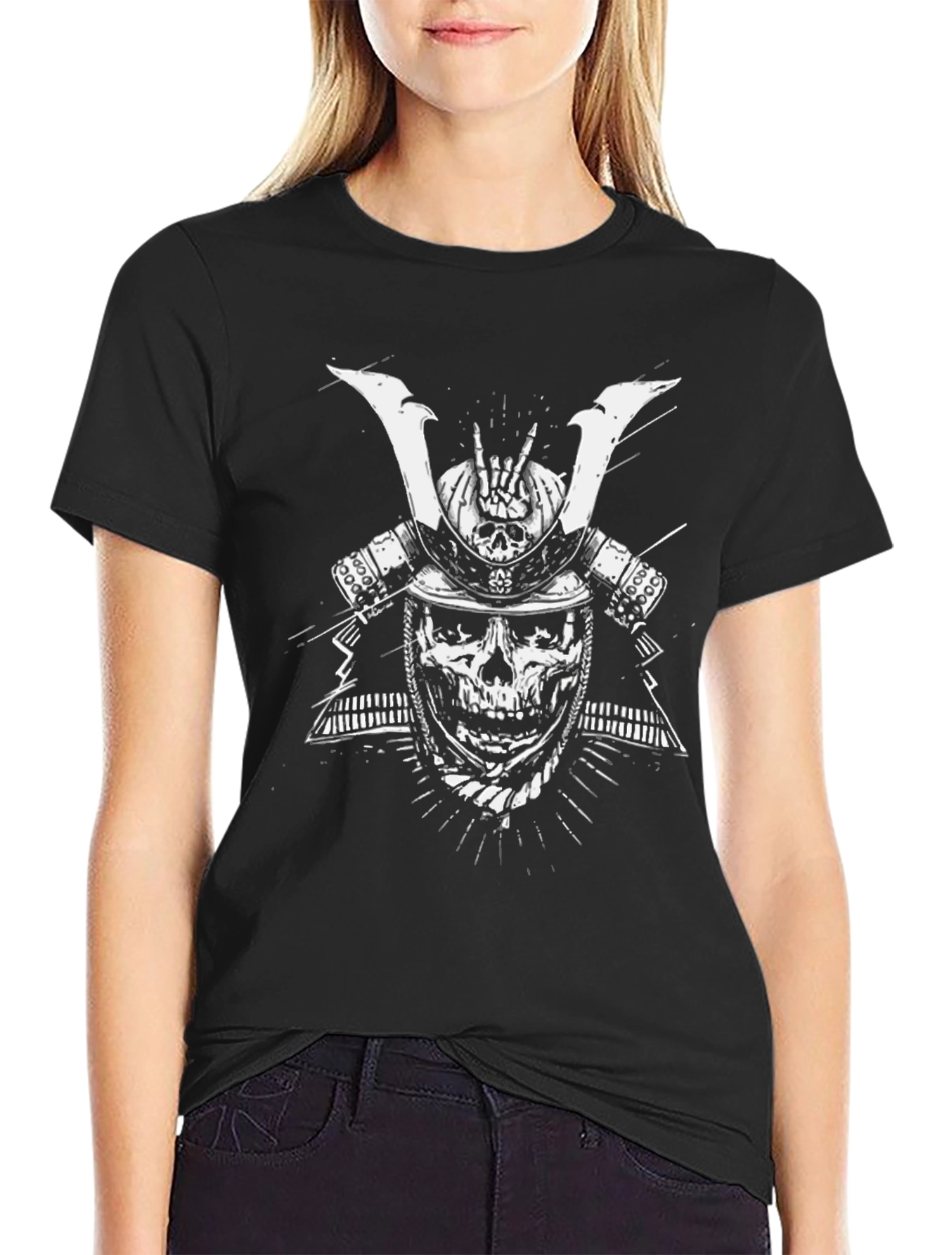 Black Skull Samurai Graphic Tee - Black Cotton T-Shirt view 2