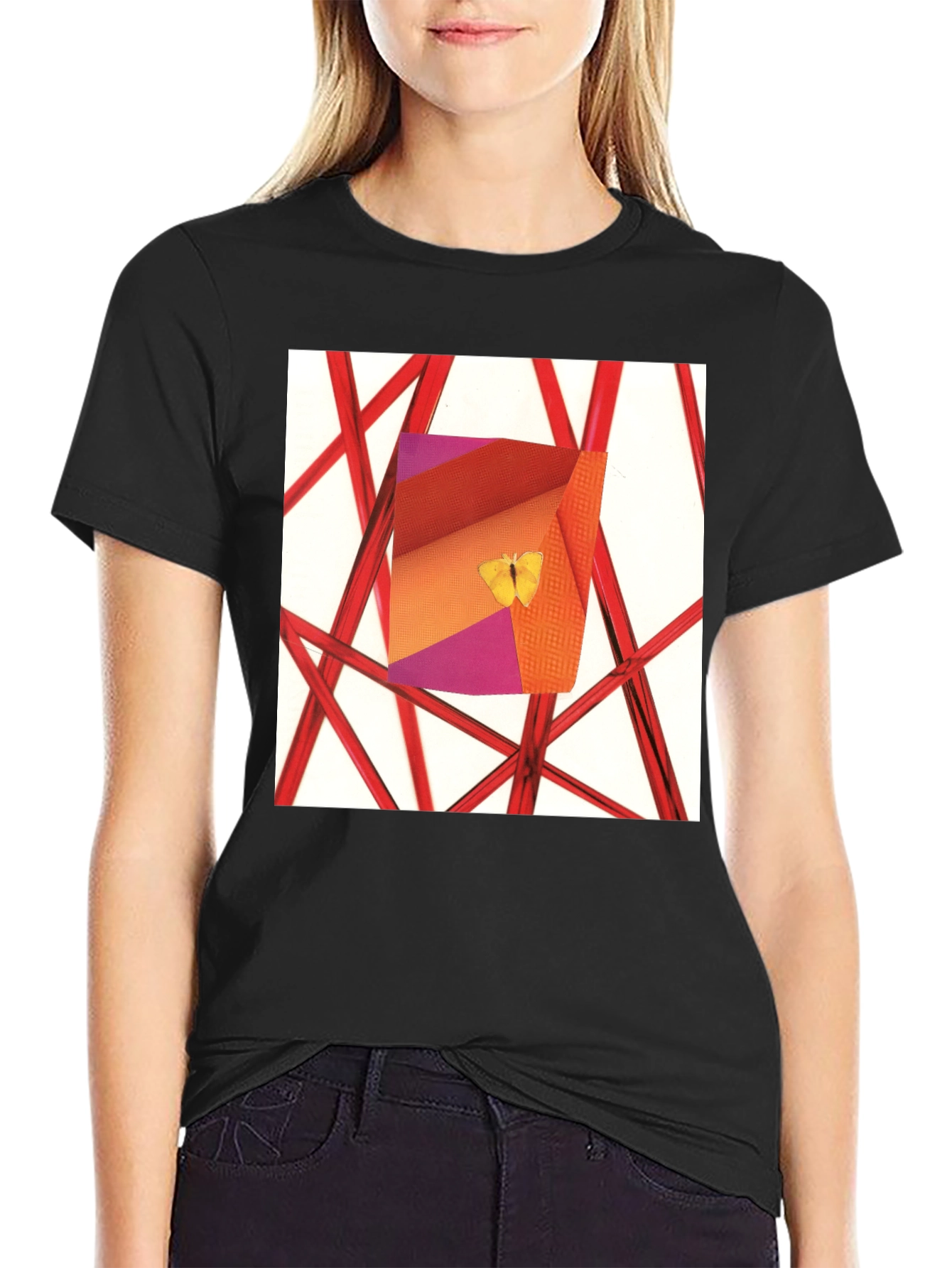 Black Abstract Art T-Shirt: Butterfly Graphic Tee view 2