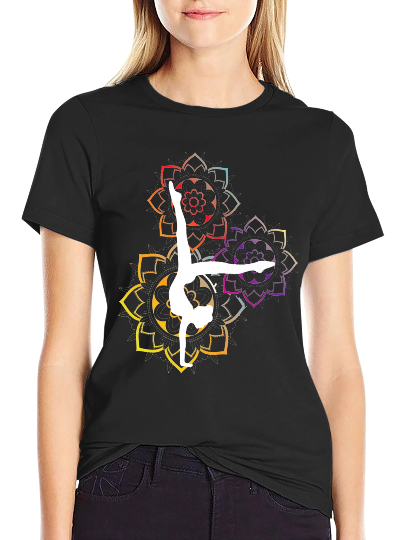 Black Yoga Mandala Graphic Tee - Black Cotton Blend view 2