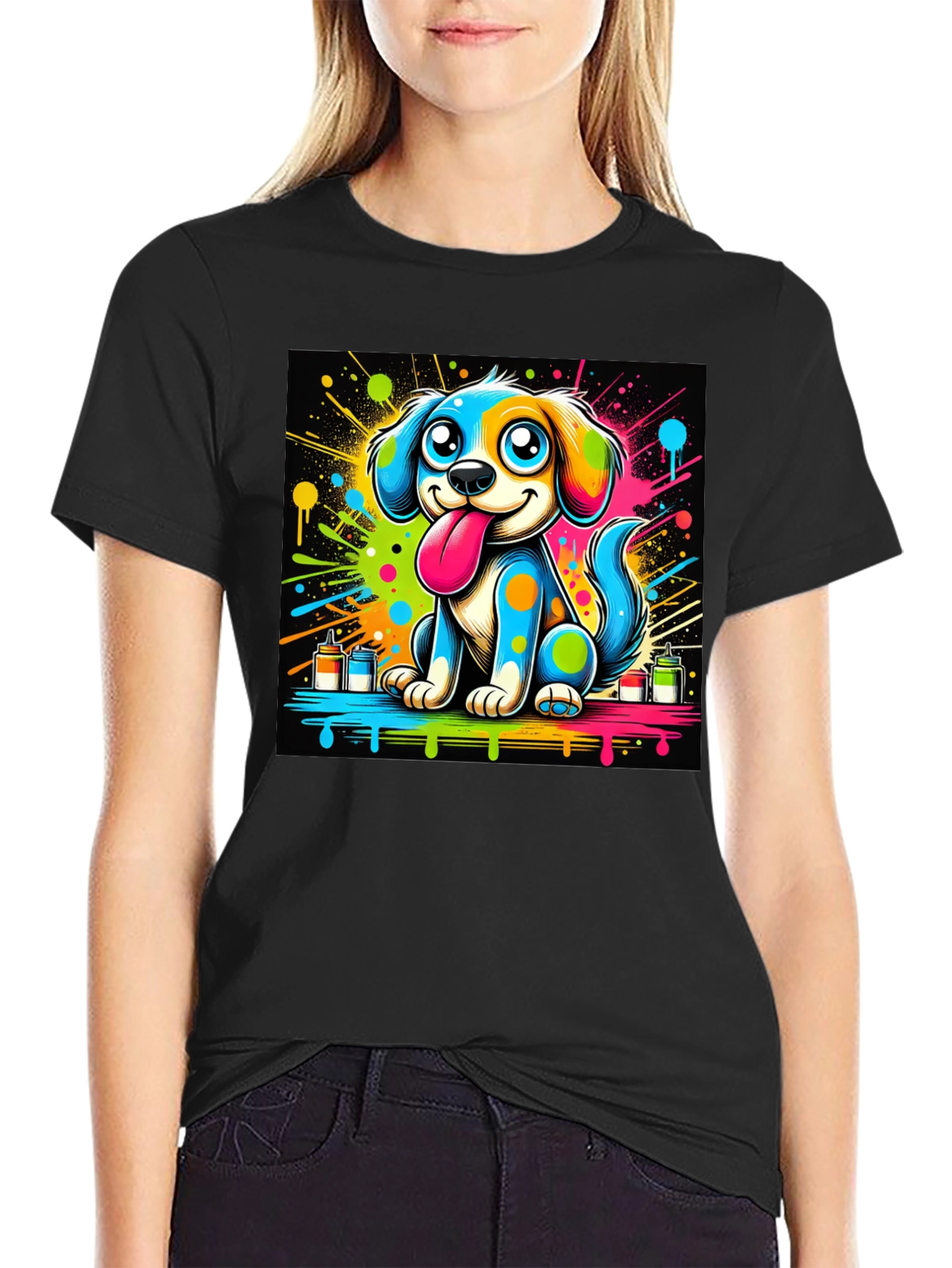 Black Colorful Cartoon Dog Graphic Tee view 2