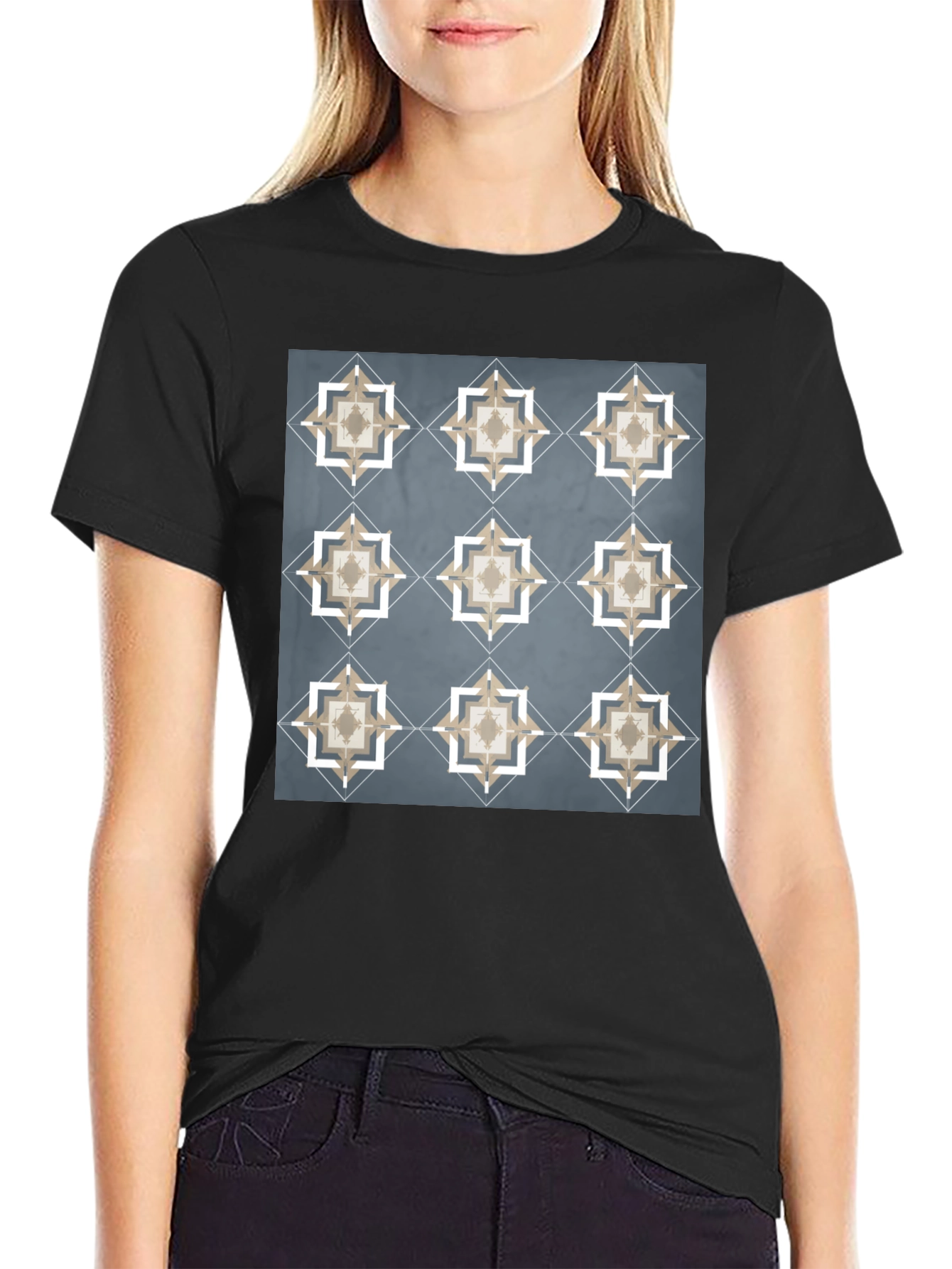 Black Geometric Star Pattern T-Shirt - Modern Style view 2