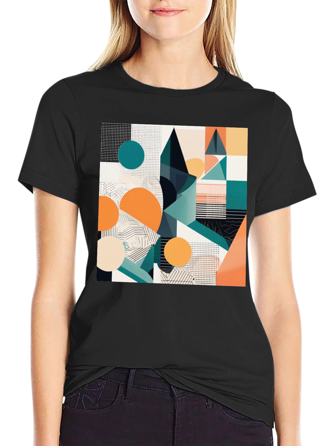 Black Abstract Geometric Print Black T-Shirt view 2
