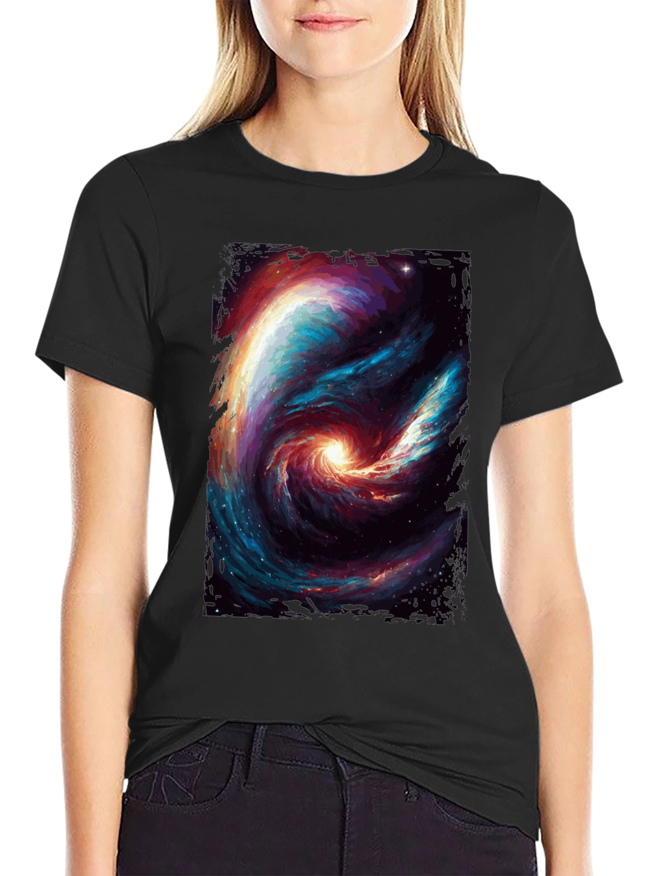Black Cosmic Galaxy Swirl Graphic T-Shirt - Black view 2