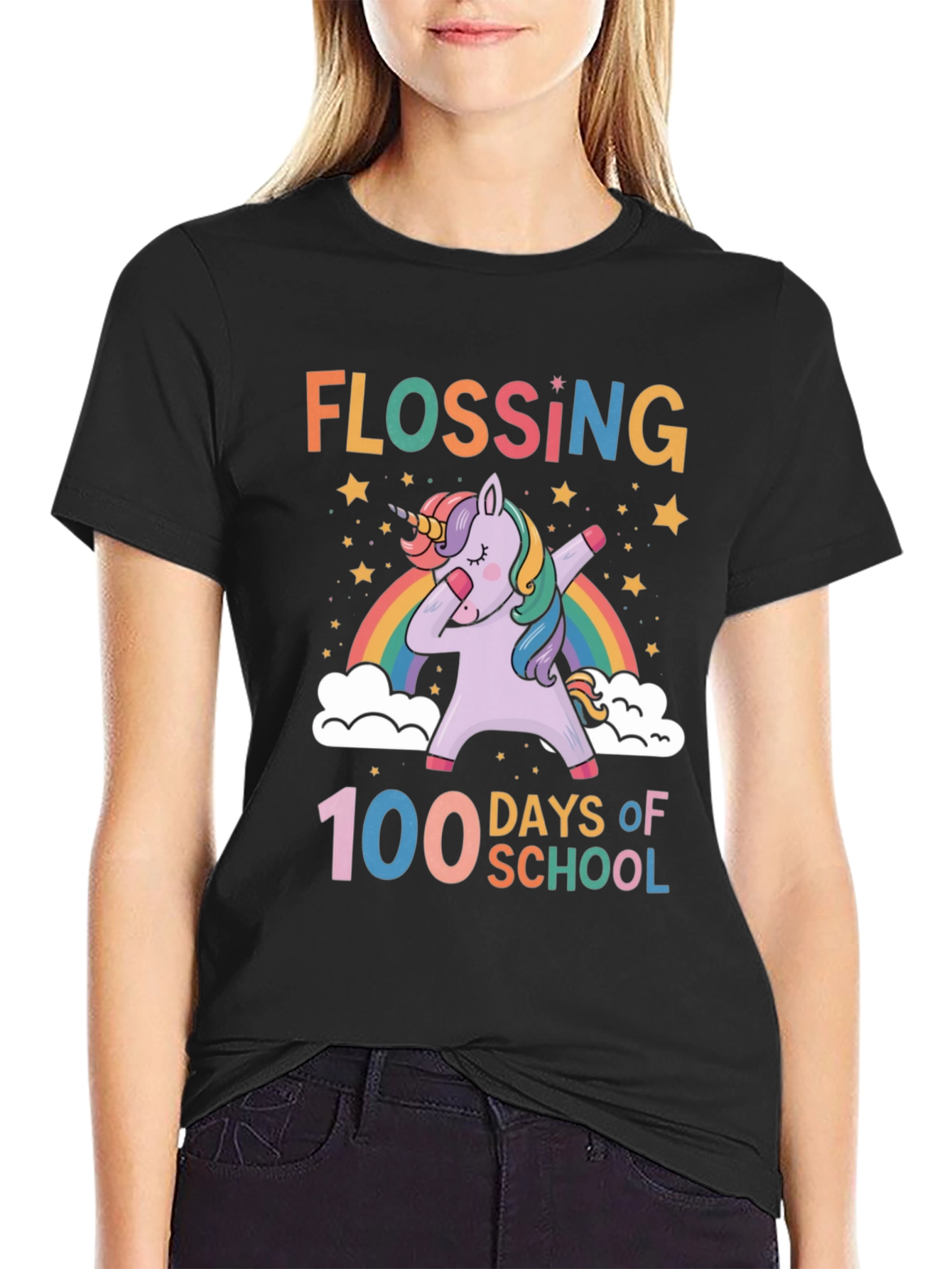Black Flossing Unicorn 100 Days of School T-Shirt view 2