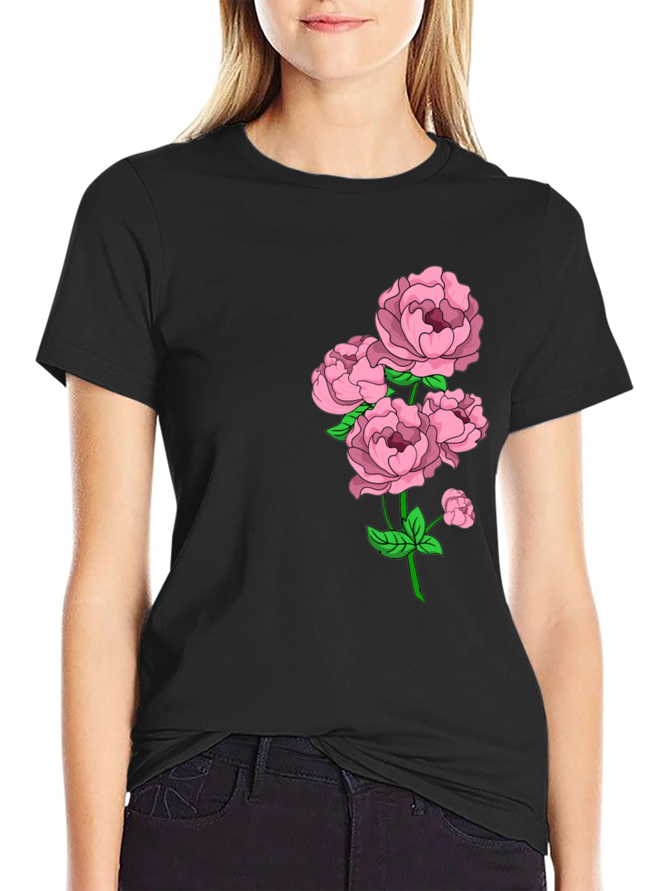 Black Floral Print Crew Neck Tee - Elegant Casual Wear view 2