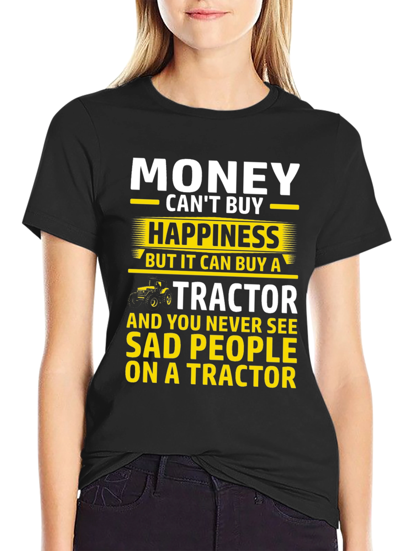 Black Money Can't Buy Happiness Tractor Graphic T-Shirt view 2